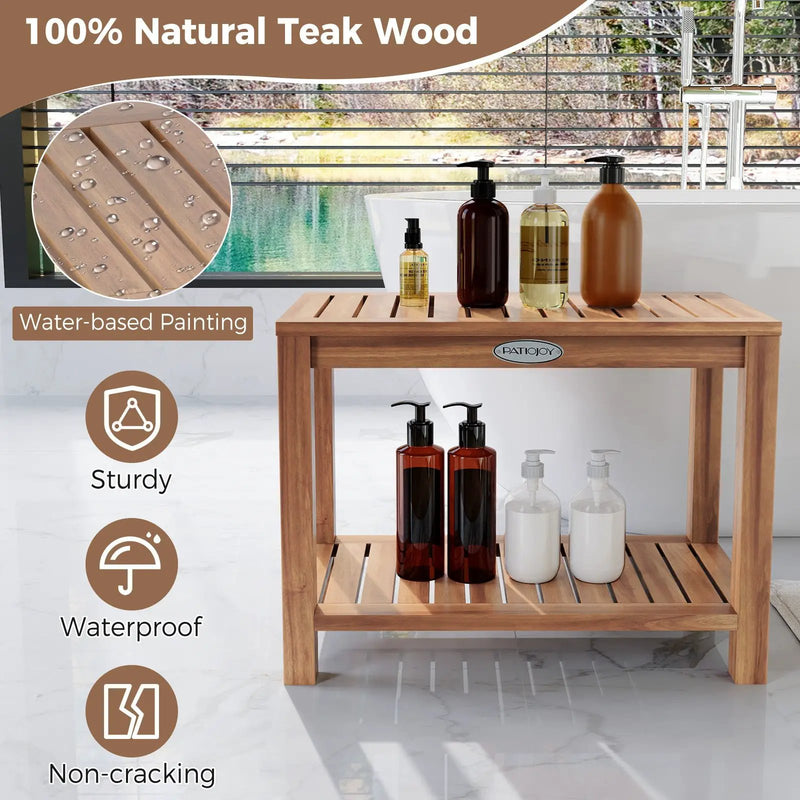 24 Inch Teak Wood Shower Bench Inside Shower Stool with Storage Shelf by DirectDeals