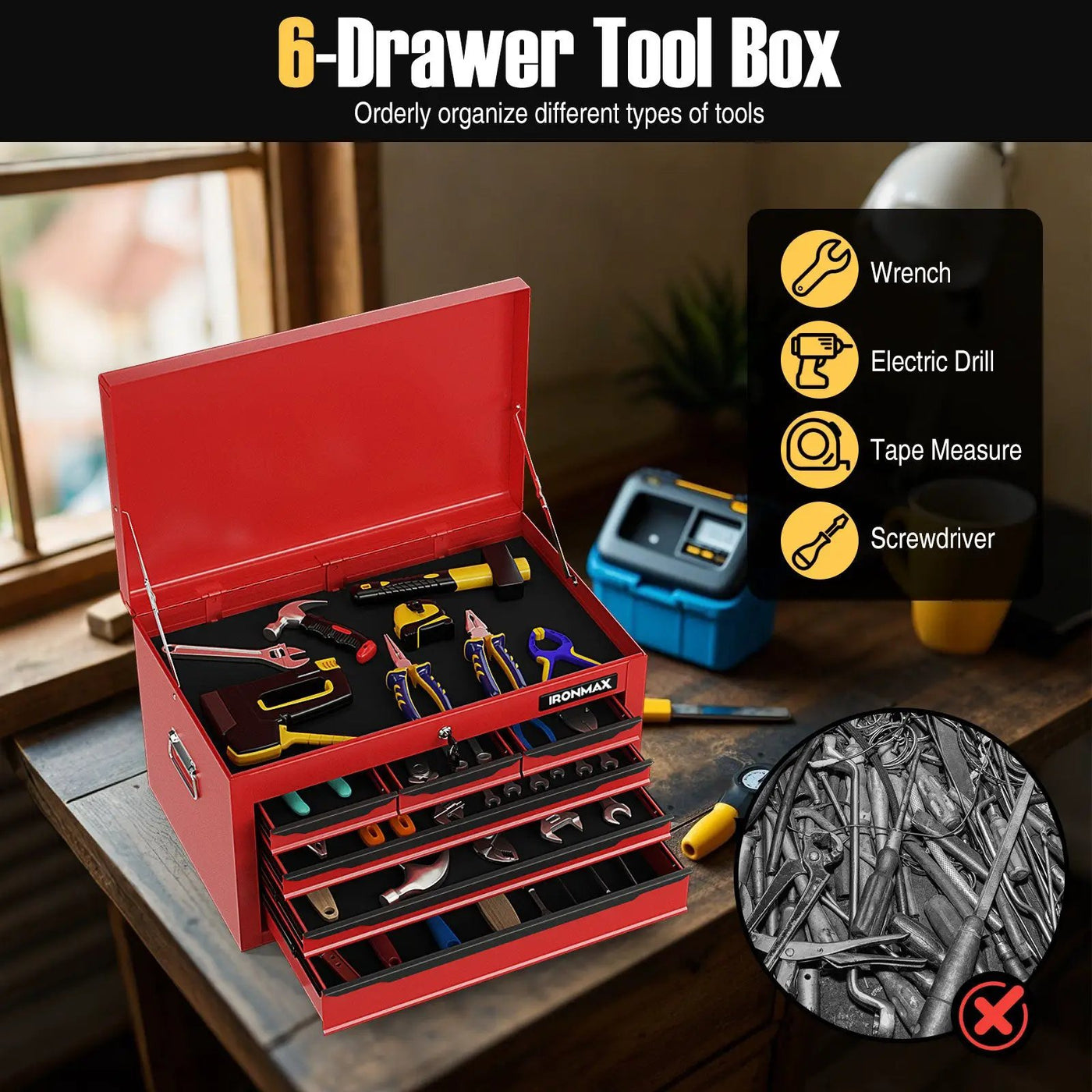 24 Inch Tool Chest Case with 6 Drawers and Top Storage for Garage Repair Shop & Warehouse by DirectDeals