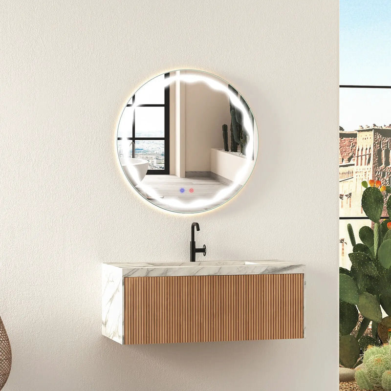 24 Inch Round Wall Mirror with 3-Color LED Lights and Smart Touch Button by DirectDeals