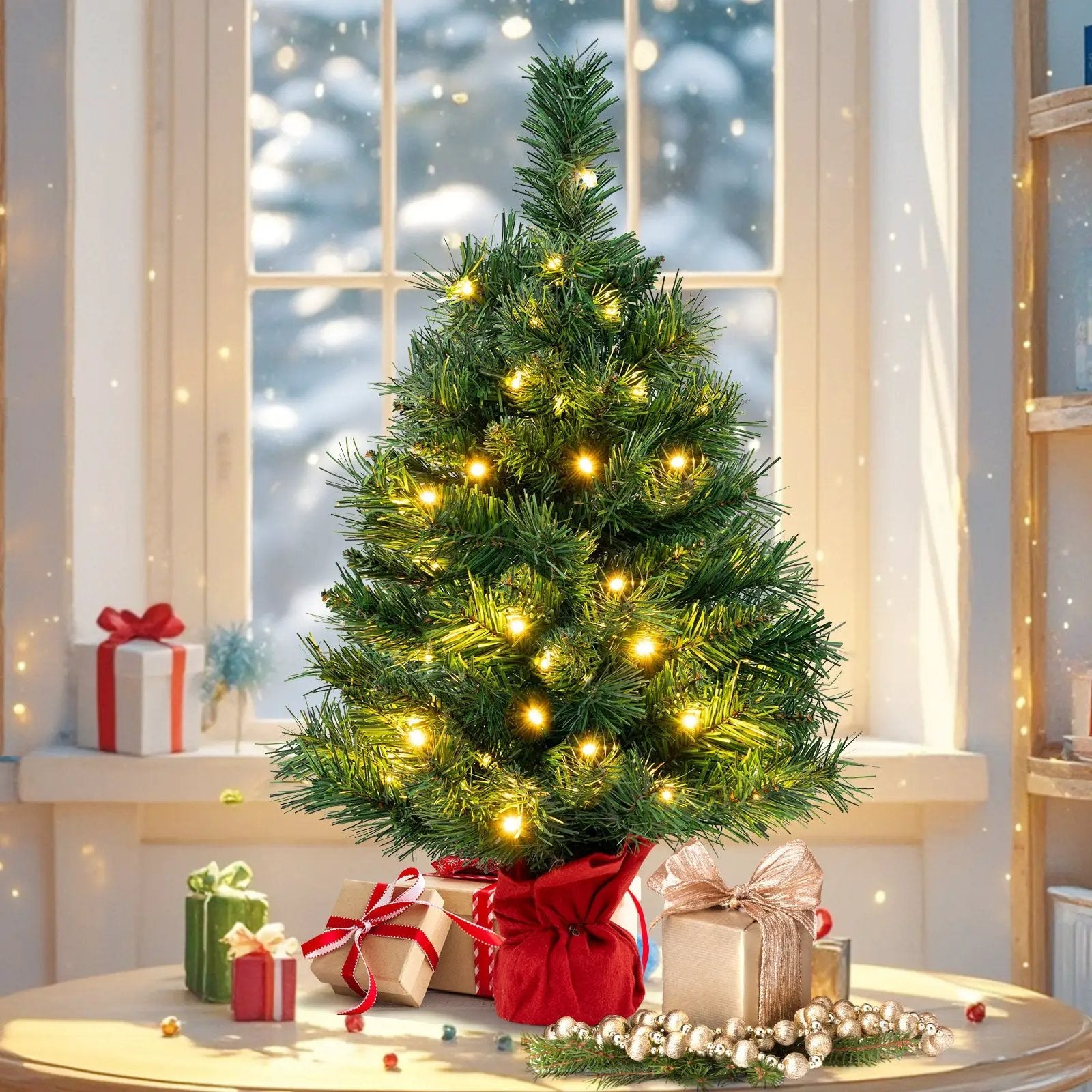 24 Inch Mini Pre-Lit Christmas Tree Small Tabletop Fir Xmas Tree by DirectDeals