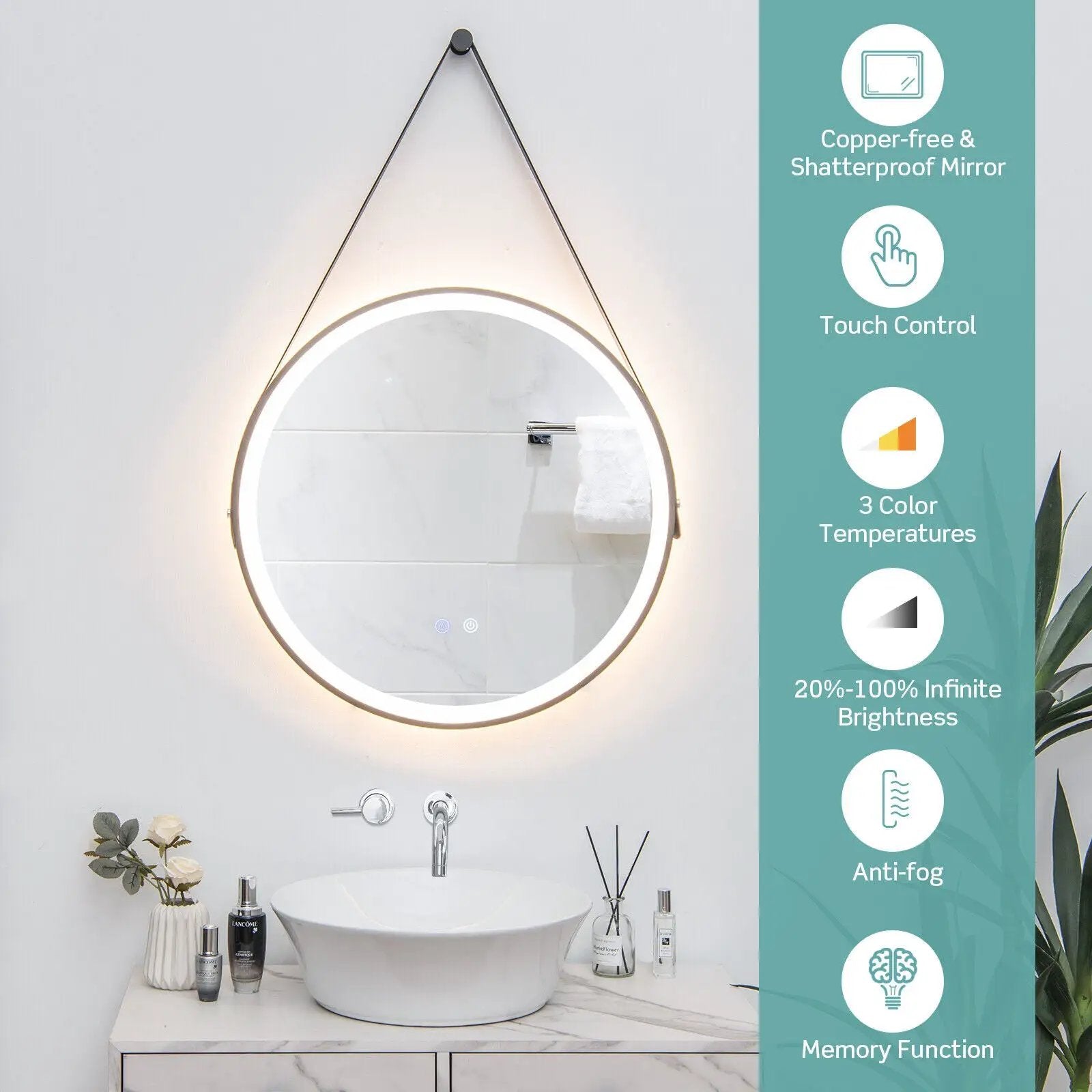 24 Inch Round Wall-mounted Mirror with 3 Color LED Lights and Anti-Fog Function by DirectDeals
