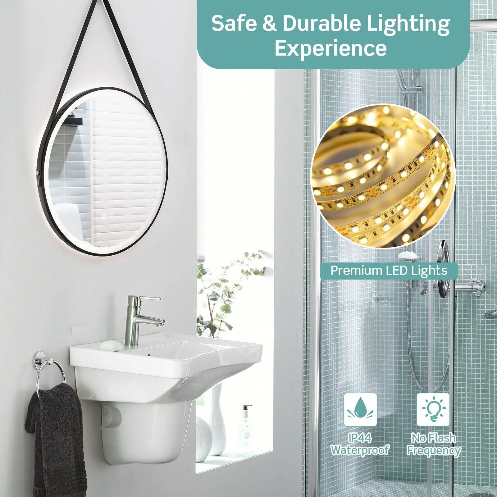 24 Inch Round Wall-mounted Mirror with 3 Color LED Lights and Anti-Fog Function by DirectDeals
