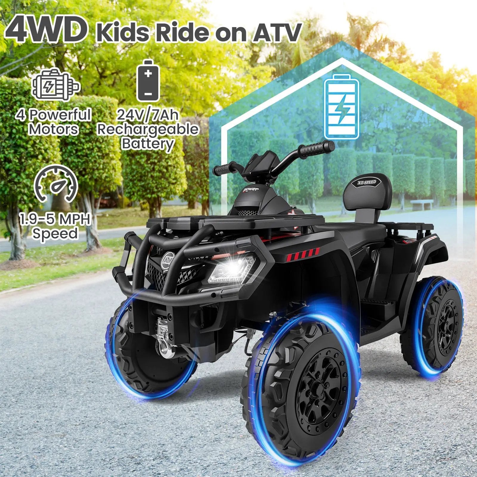 24V Kids ATV 2-Seater with 4 Motors with LED Lights and Music by DirectDeals