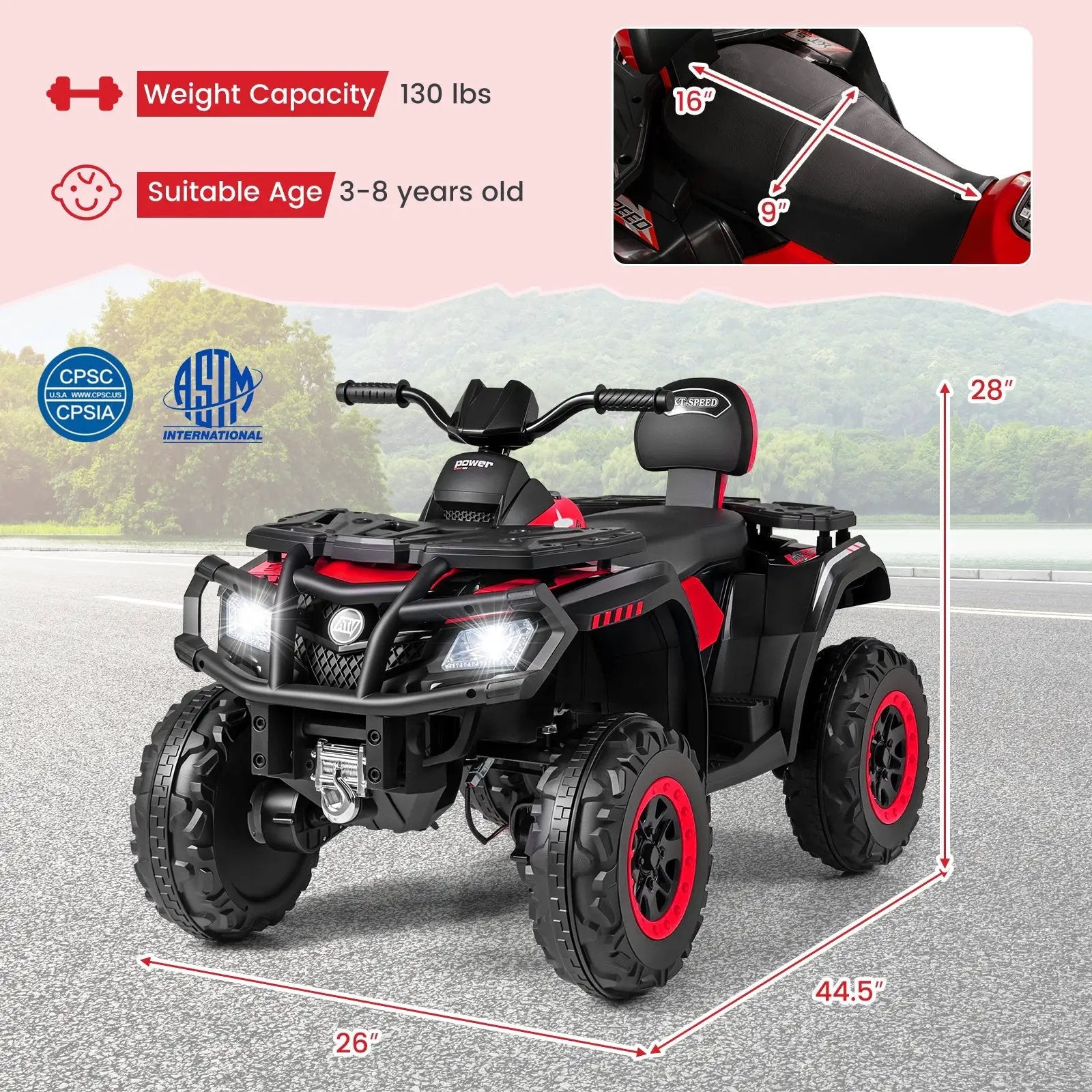 24V Kids ATV 2-Seater with 4 Motors with LED Lights and Music by DirectDeals