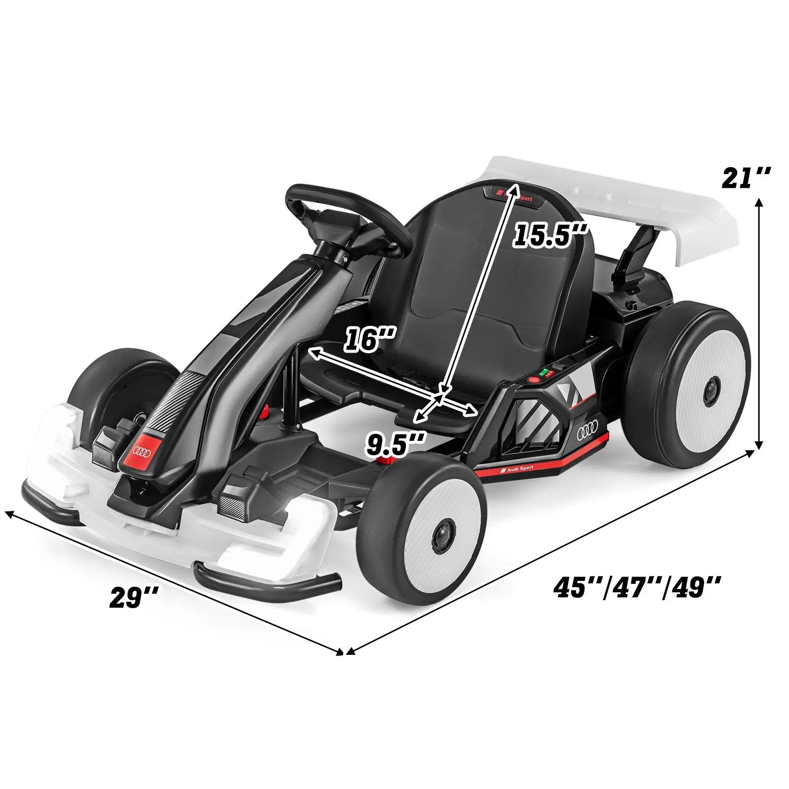 24V Kids Go Kart Licensed Audi Adjustable Ride on Racing Toy with Horn-Black & White by DirectDeals