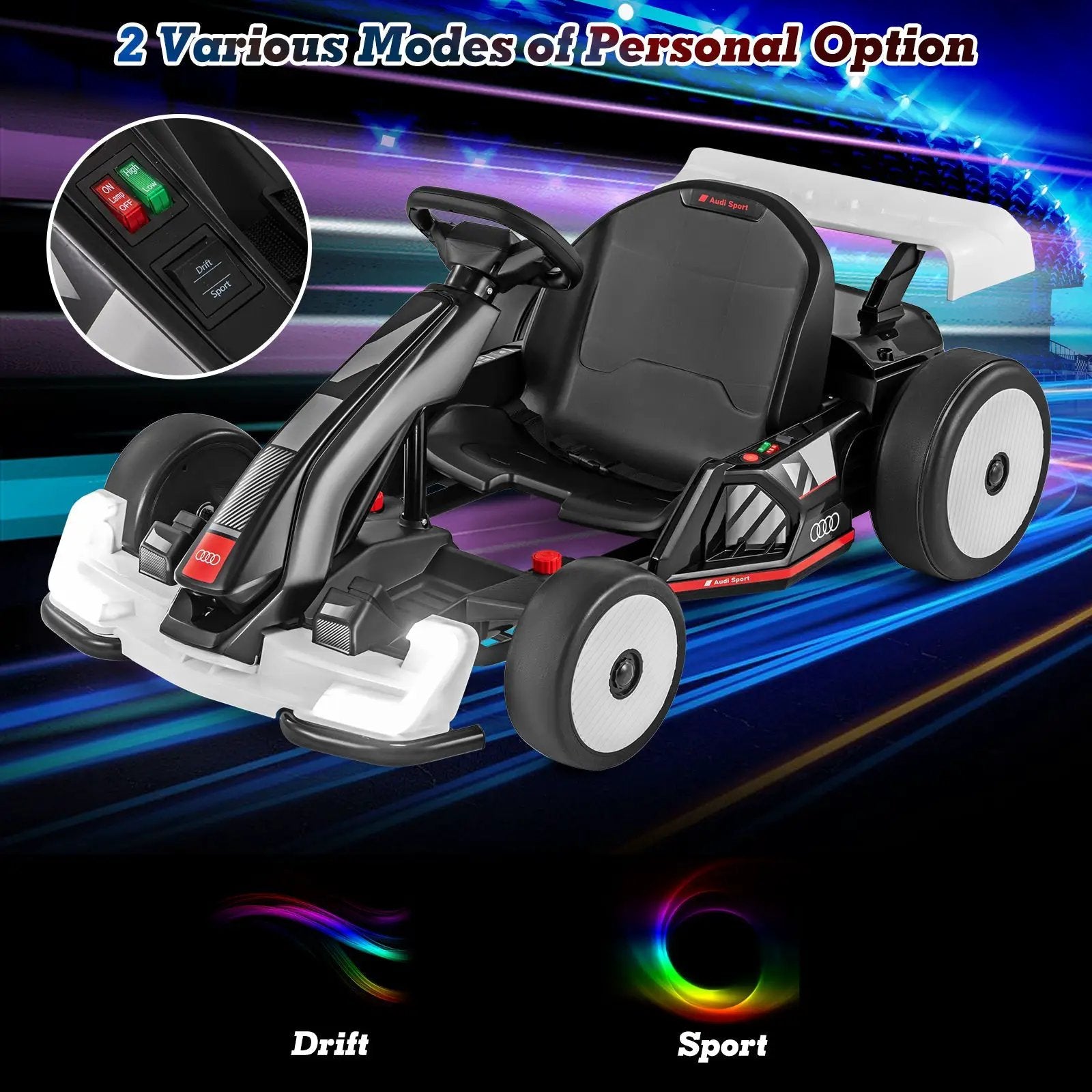 24V Kids Go Kart Licensed Audi Adjustable Ride on Racing Toy with Horn-Black & White by DirectDeals