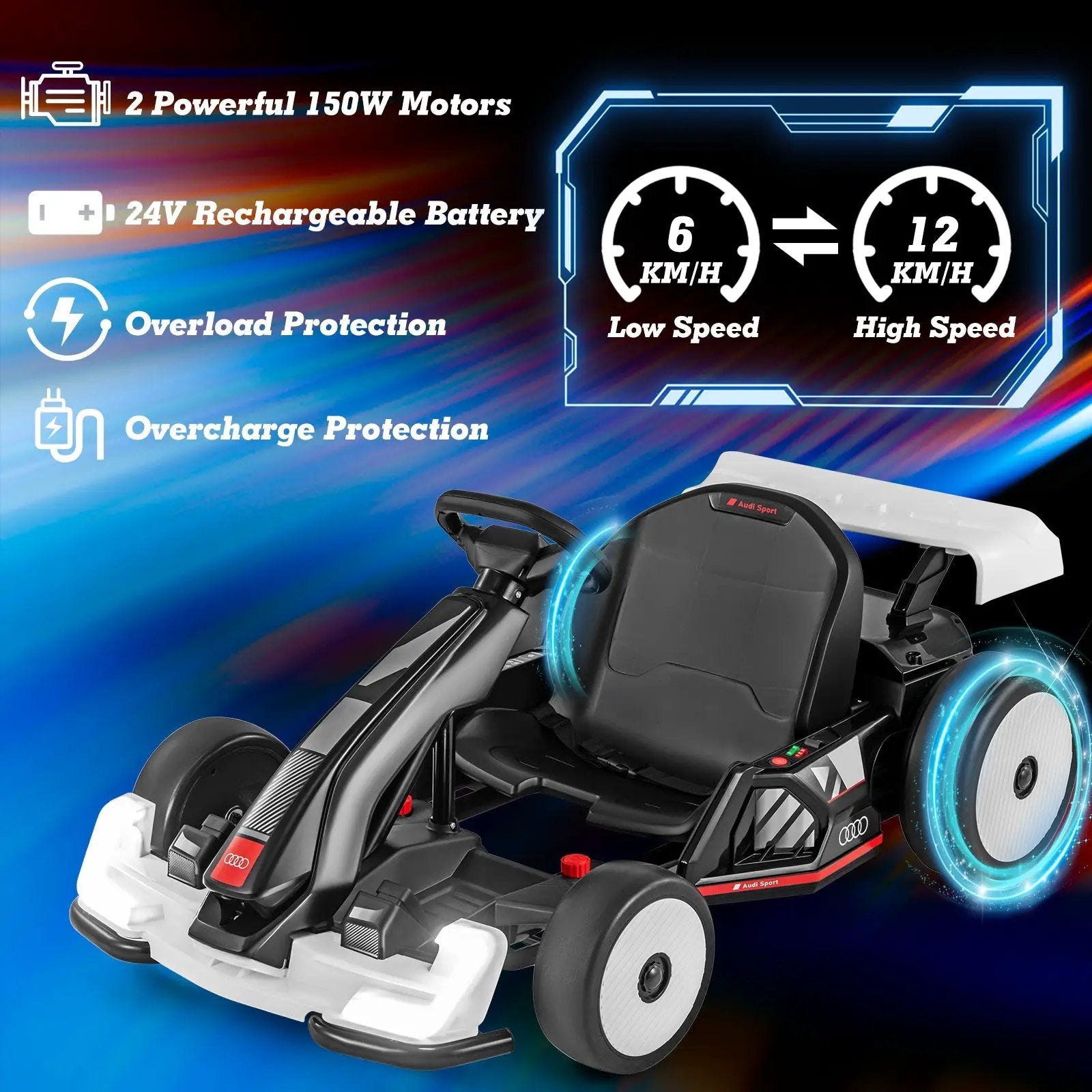 24V Kids Go Kart Licensed Audi Adjustable Ride on Racing Toy with Horn-Black & White by DirectDeals