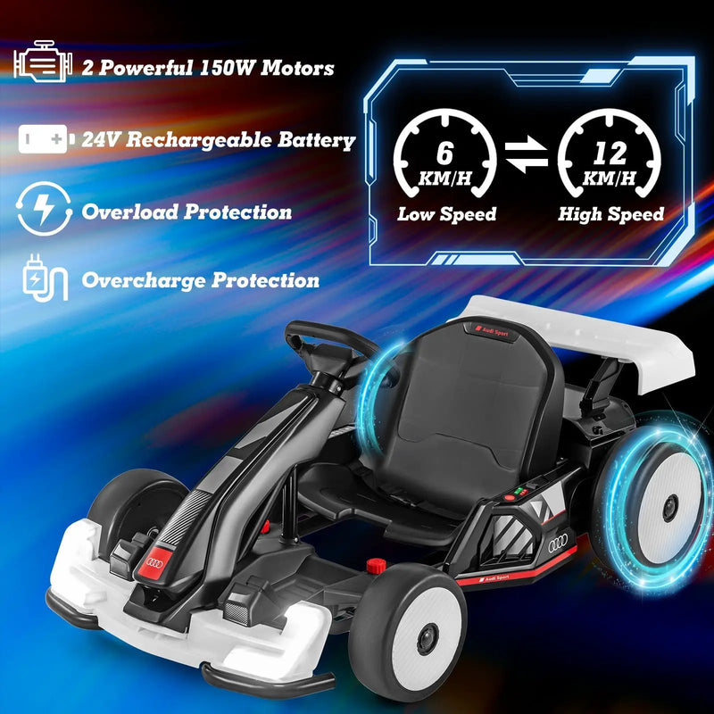24V Kids Go Kart Licensed Audi Adjustable Ride on Racing Toy with Horn-Black & White by DirectDeals