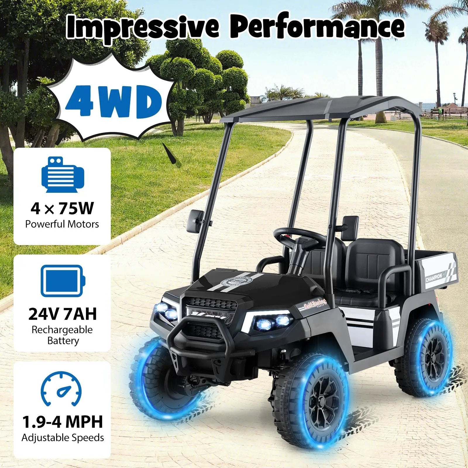 24V Kids Golf Cart 4WD 2-Seater Ride on Car with Storage Trunk and Horn by DirectDeals
