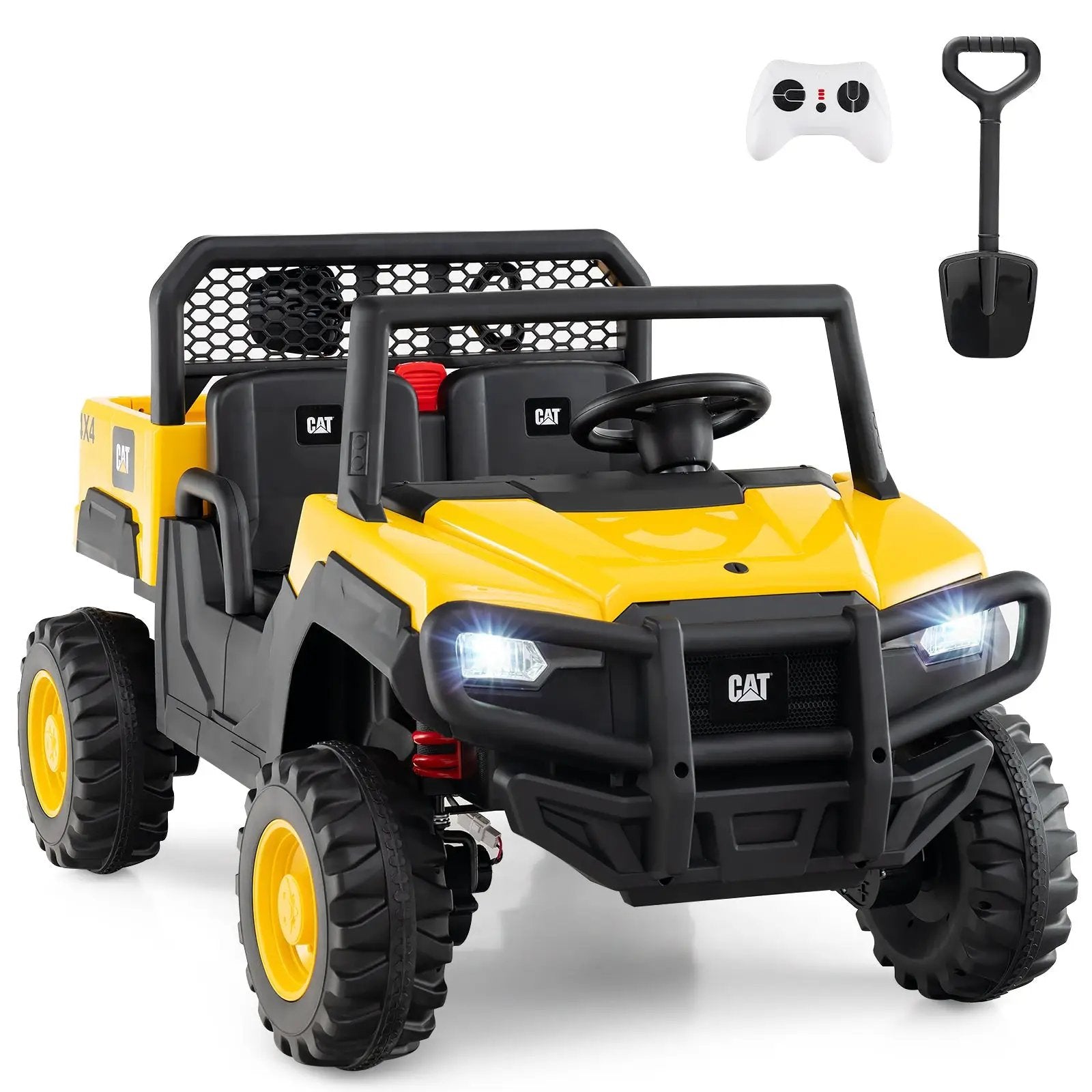 24V Ride On Dump Truck Licensed Caterpillar 2-Seater Kids Car with Remote Control-Yellow by DirectDeals