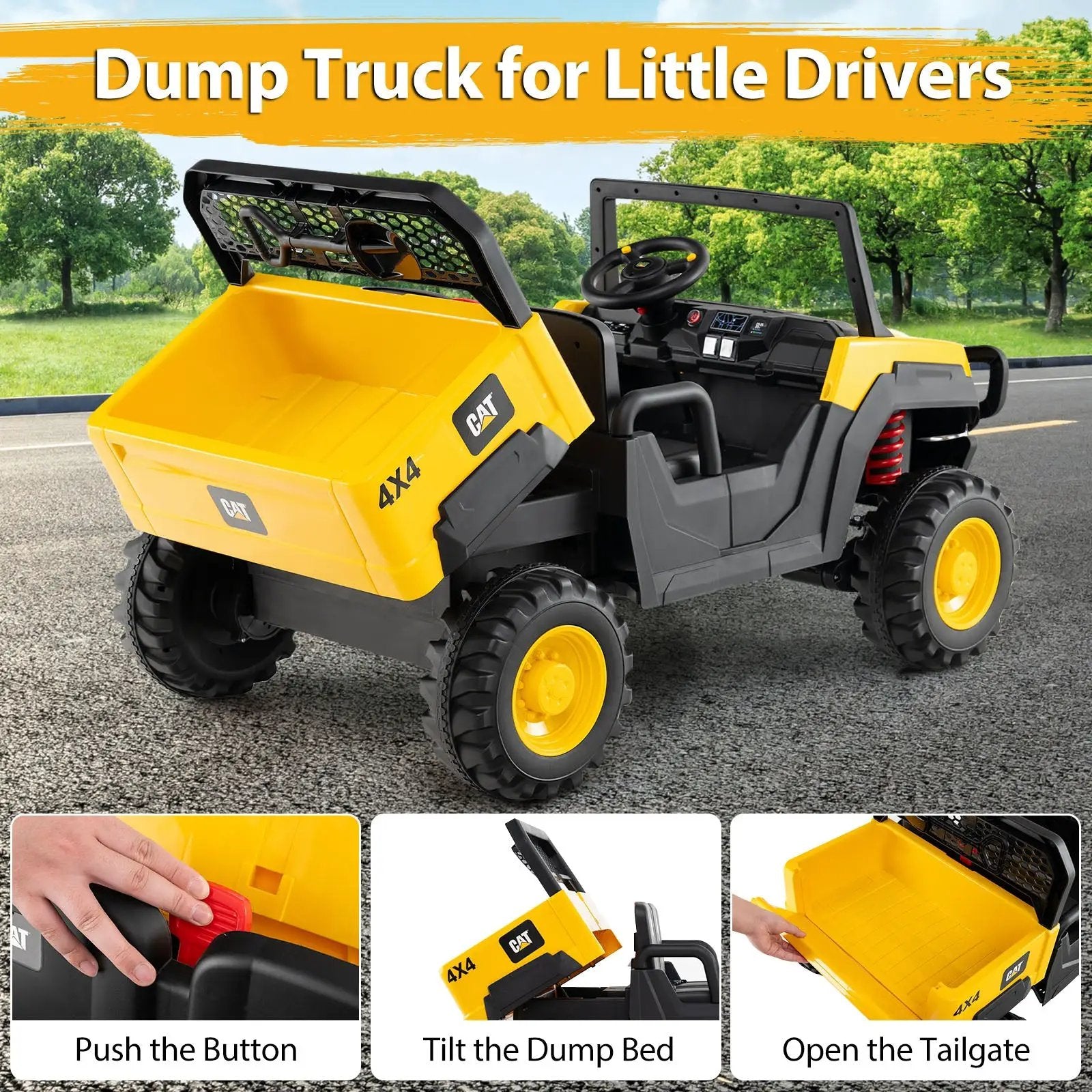 24V Ride On Dump Truck Licensed Caterpillar 2-Seater Kids Car with Remote Control-Yellow by DirectDeals