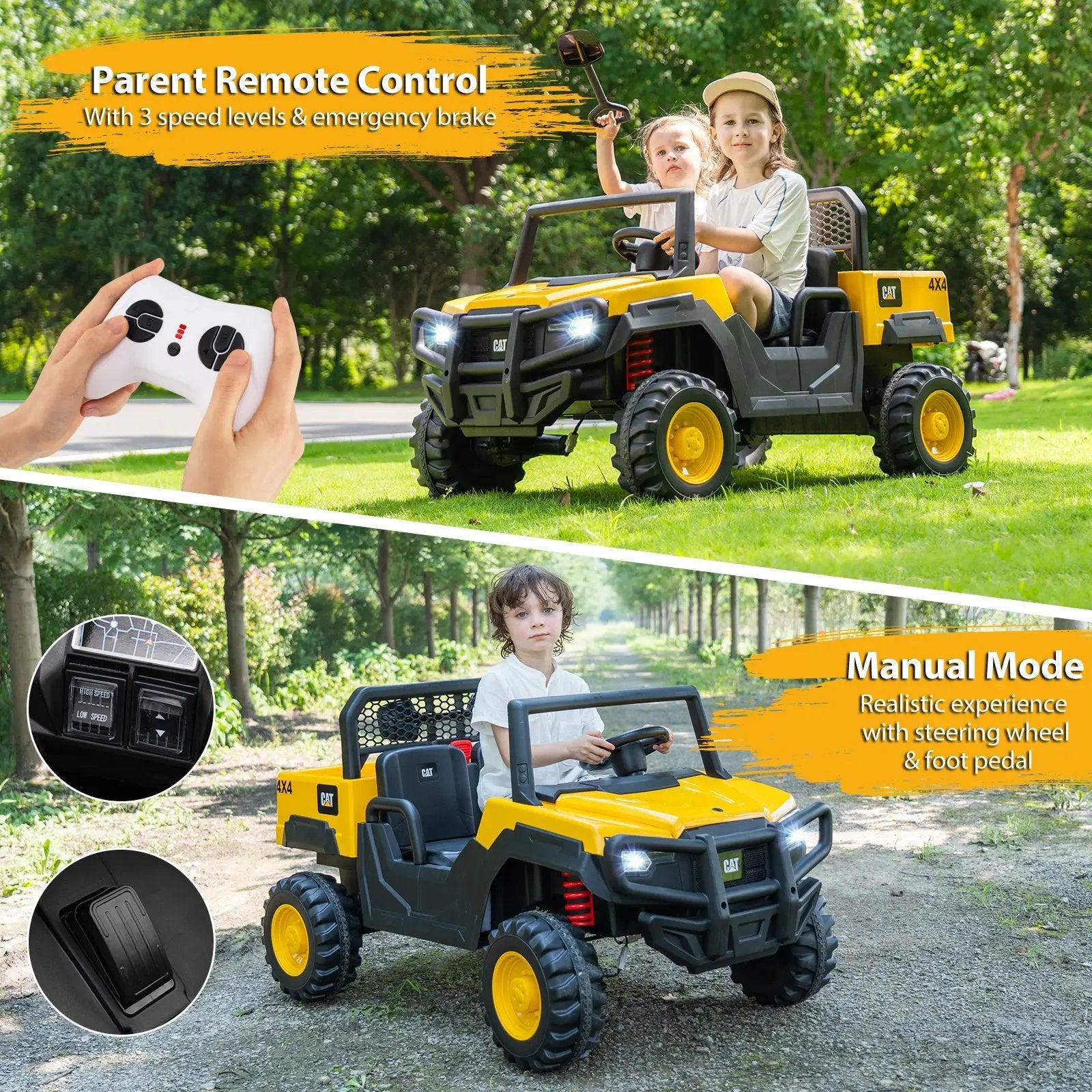 24V Ride On Dump Truck Licensed Caterpillar 2-Seater Kids Car with Remote Control-Yellow by DirectDeals