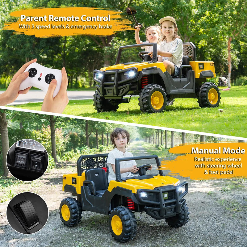 24V Ride On Dump Truck Licensed Caterpillar 2-Seater Kids Car with Remote Control-Yellow by DirectDeals