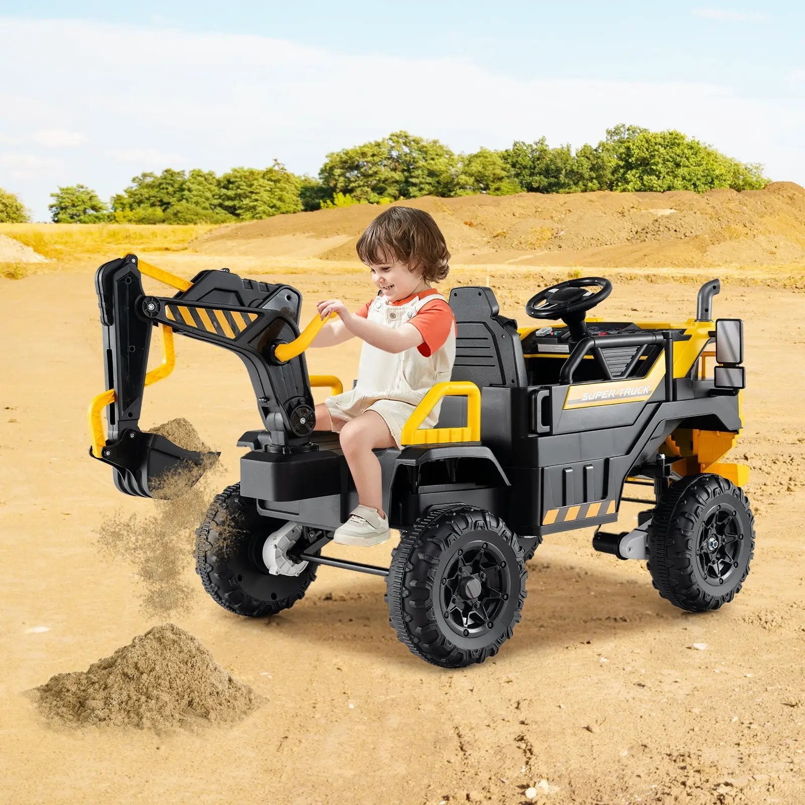 24V Ride On Excavator 4WD 2-Seater with Remote Control and Digging Arm-Yellow by DirectDeals