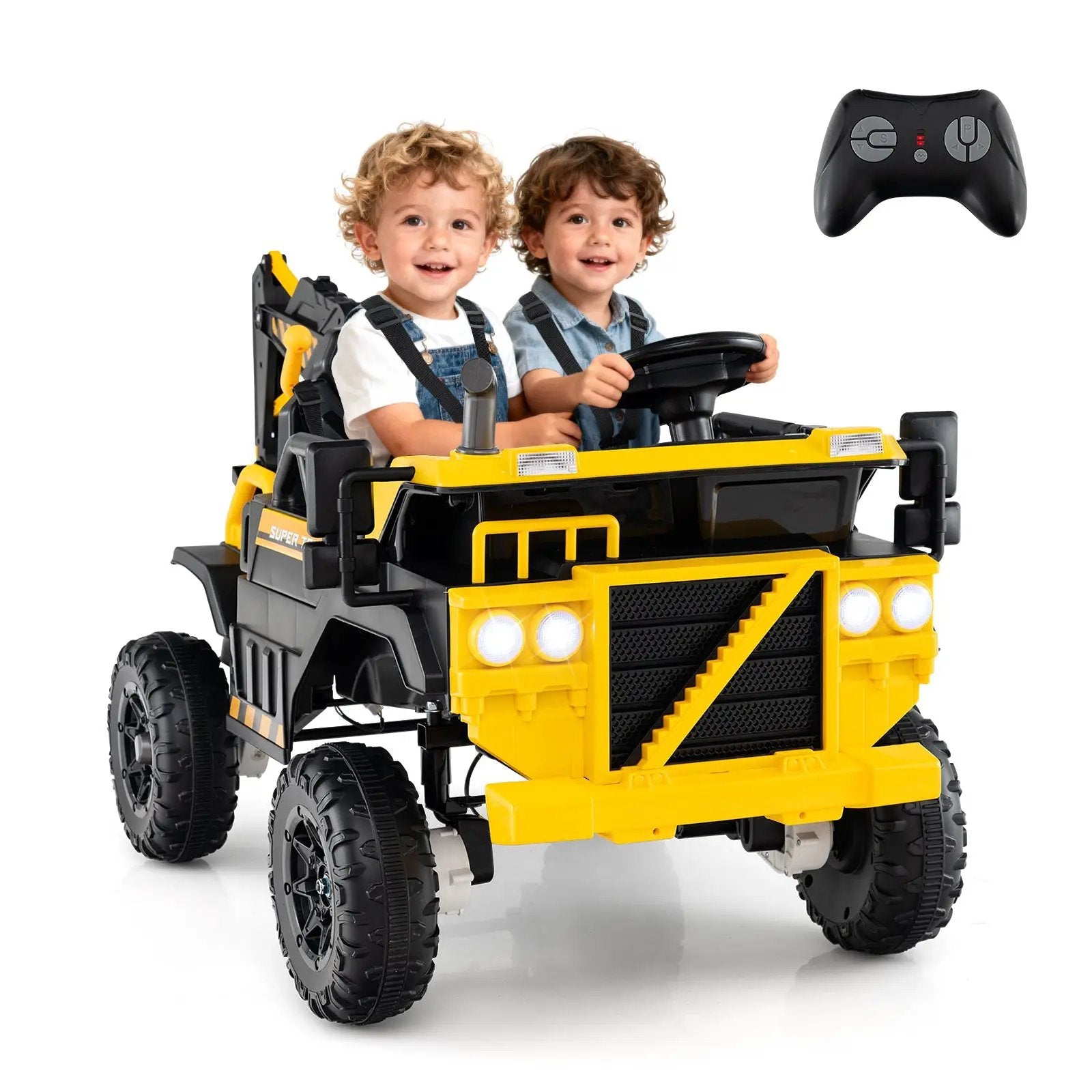 24V Ride On Excavator 4WD 2-Seater with Remote Control and Digging Arm-Yellow by DirectDeals