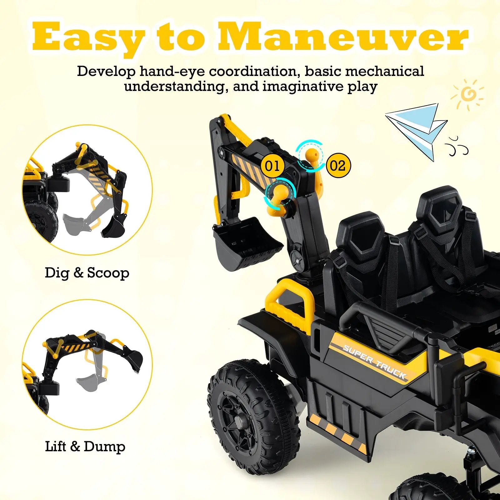24V Ride On Excavator 4WD 2-Seater with Remote Control and Digging Arm-Yellow by DirectDeals