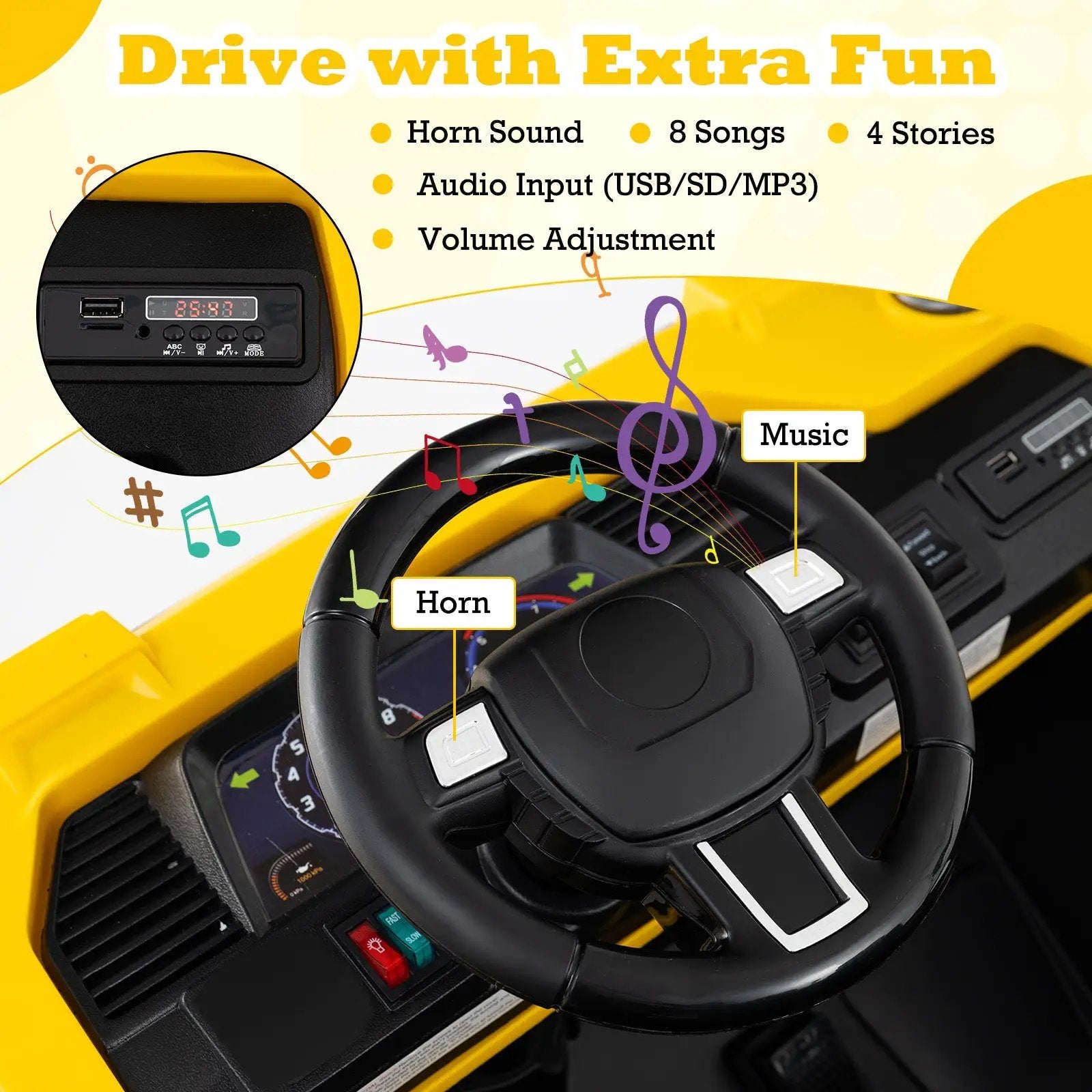 24V Ride On Excavator 4WD 2-Seater with Remote Control and Digging Arm-Yellow by DirectDeals