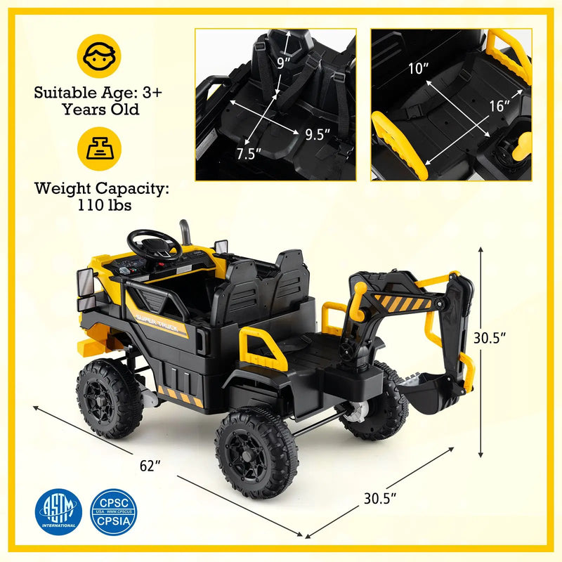 24V Ride On Excavator 4WD 2-Seater with Remote Control and Digging Arm-Yellow by DirectDeals