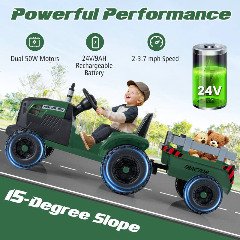 24V Ride On Tractor for Kids Electric Vehicle with Detachable Trailer and Remote Control by DirectDeals