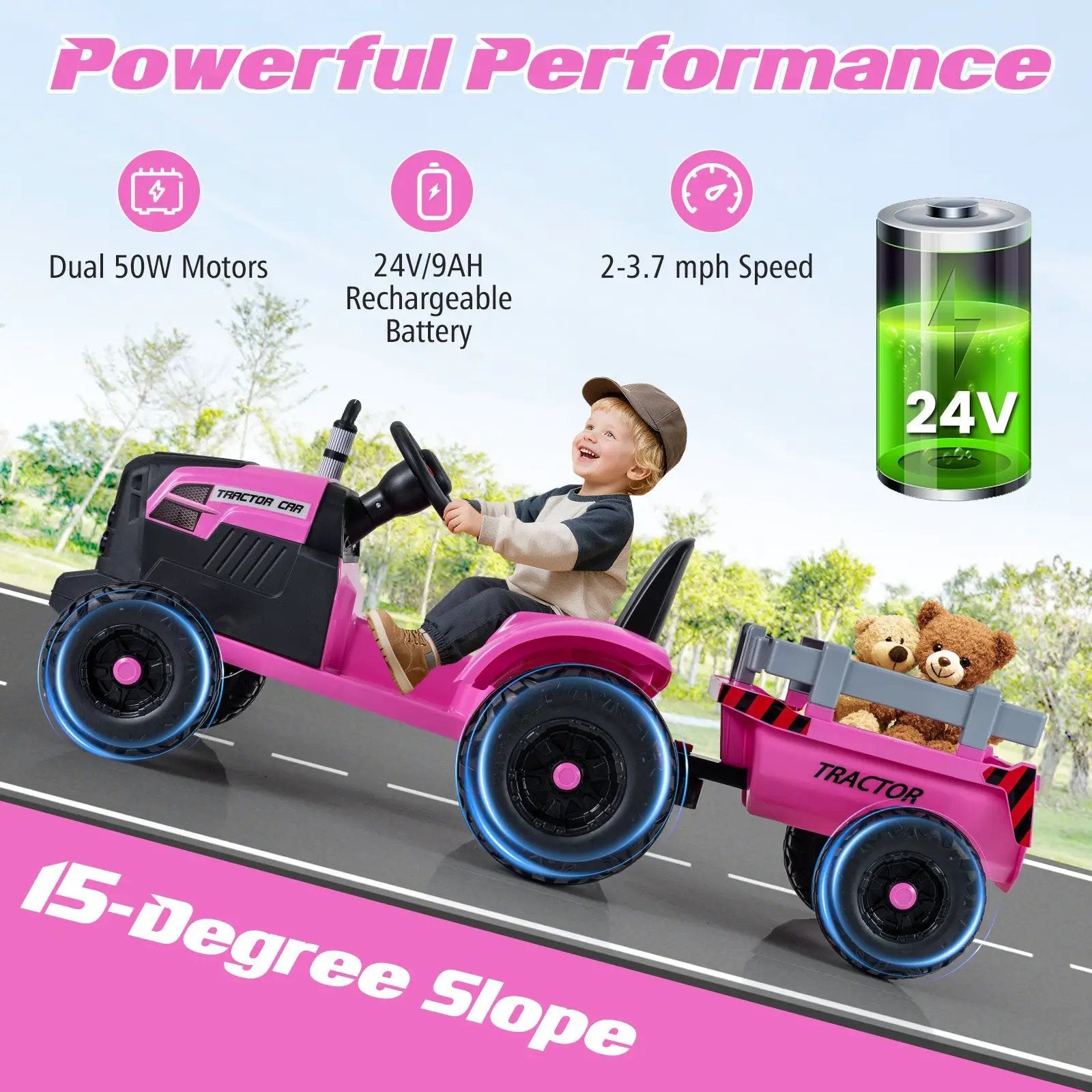 24V Ride On Tractor for Kids Electric Vehicle with Detachable Trailer and Remote Control by DirectDeals