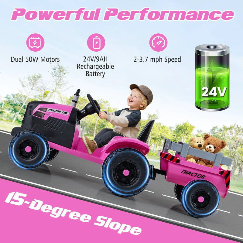 24V Ride On Tractor for Kids Electric Vehicle with Detachable Trailer and Remote Control by DirectDeals