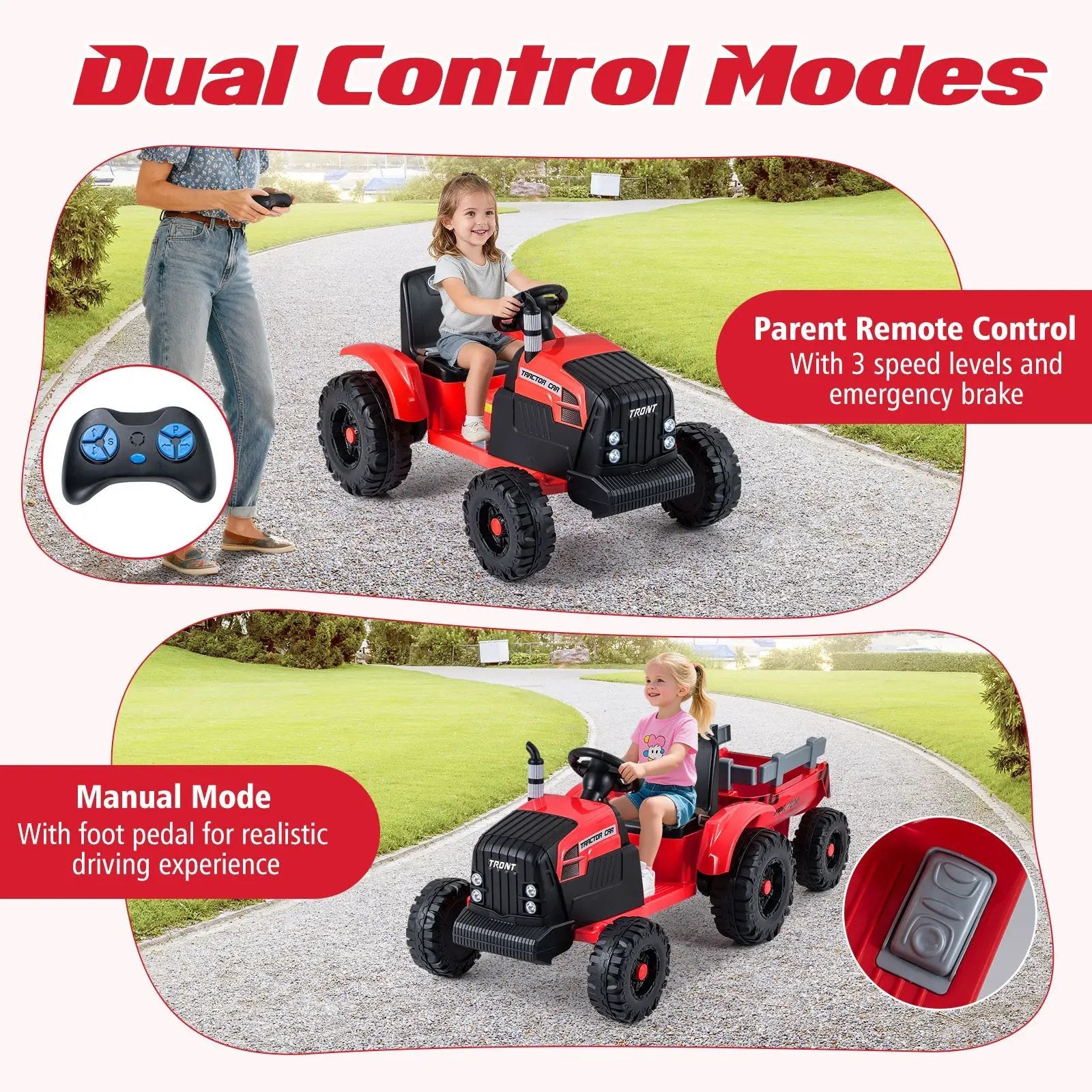 24V Ride On Tractor for Kids Electric Vehicle with Detachable Trailer and Remote Control by DirectDeals