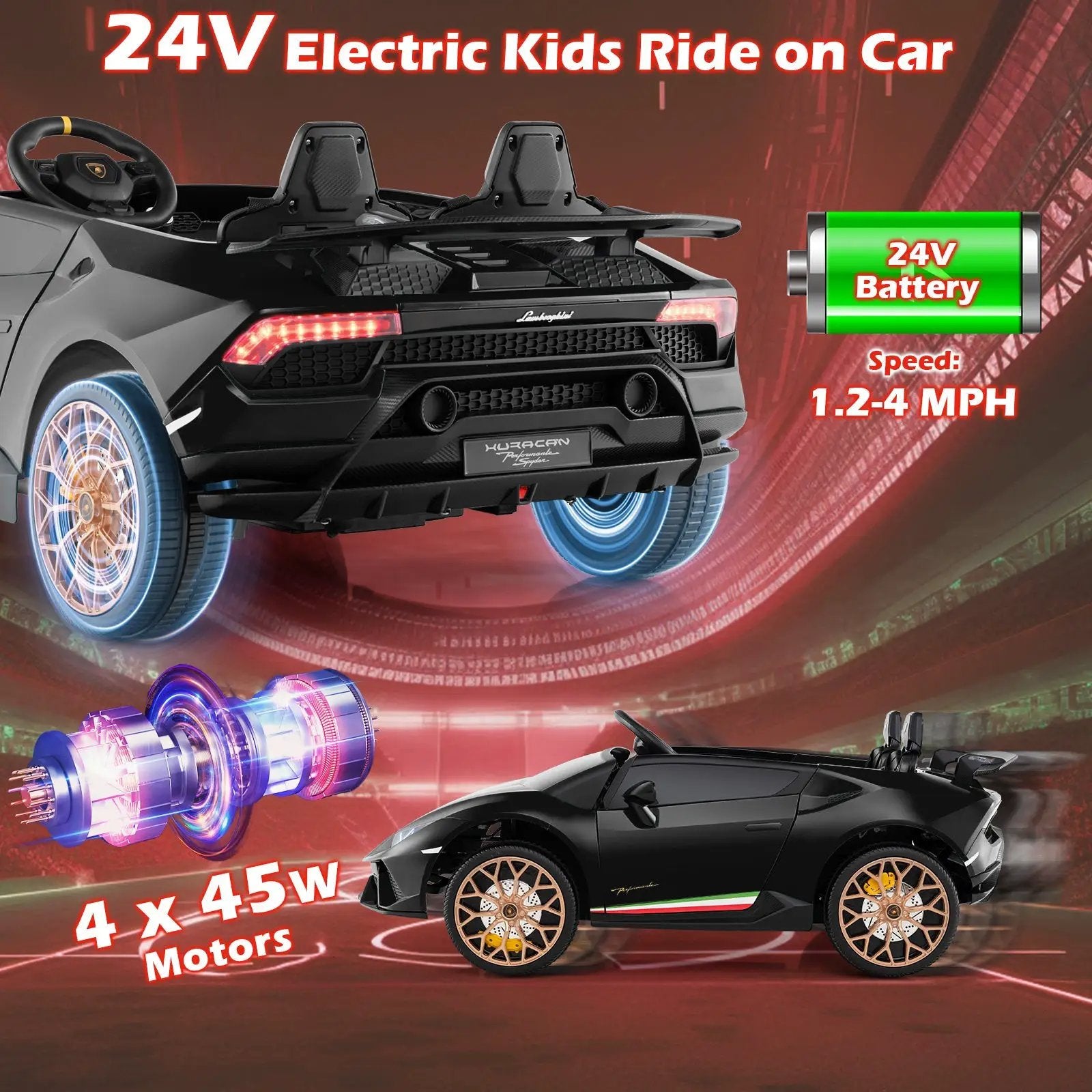 24V Ride-on Car for Kids 4WD 2-Seater Licensed Lamborghini Electric Vehicles with Music by DirectDeals