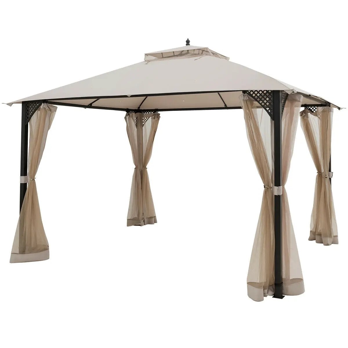 12 x 10 Feet Outdoor Double Top Patio Gazebo with Netting-Brown by DirectDeals