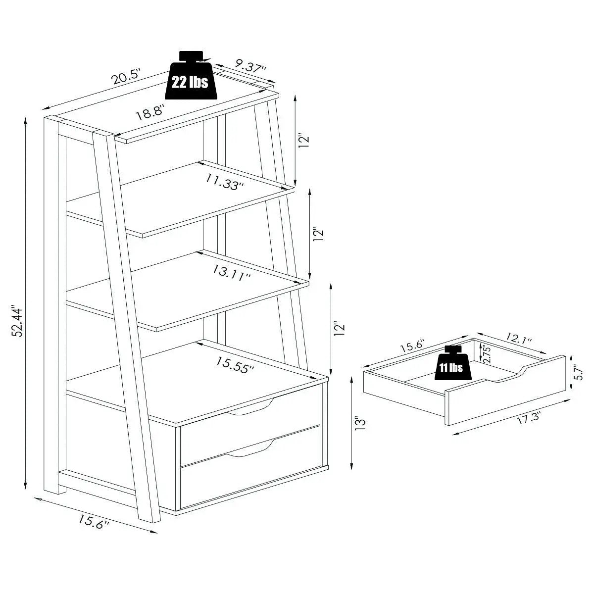 4-Tier Ladder Bookshelf Storage Display with 2 Drawers-White by DirectDeals