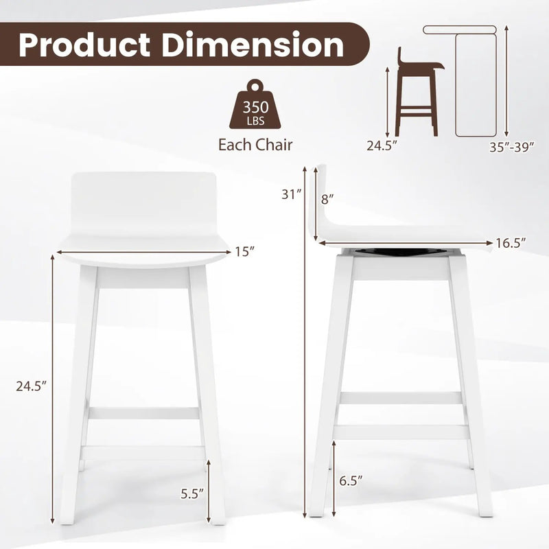 24.5 Inch Swivel Wooden Bar Stools Set of 2 with Rubber Wood Legs and Low Back by DirectDeals