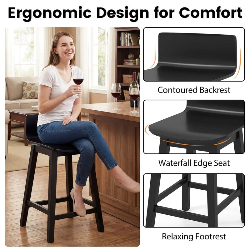 24.5 Inch Swivel Wooden Bar Stools Set of 2 with Rubber Wood Legs and Low Back by DirectDeals
