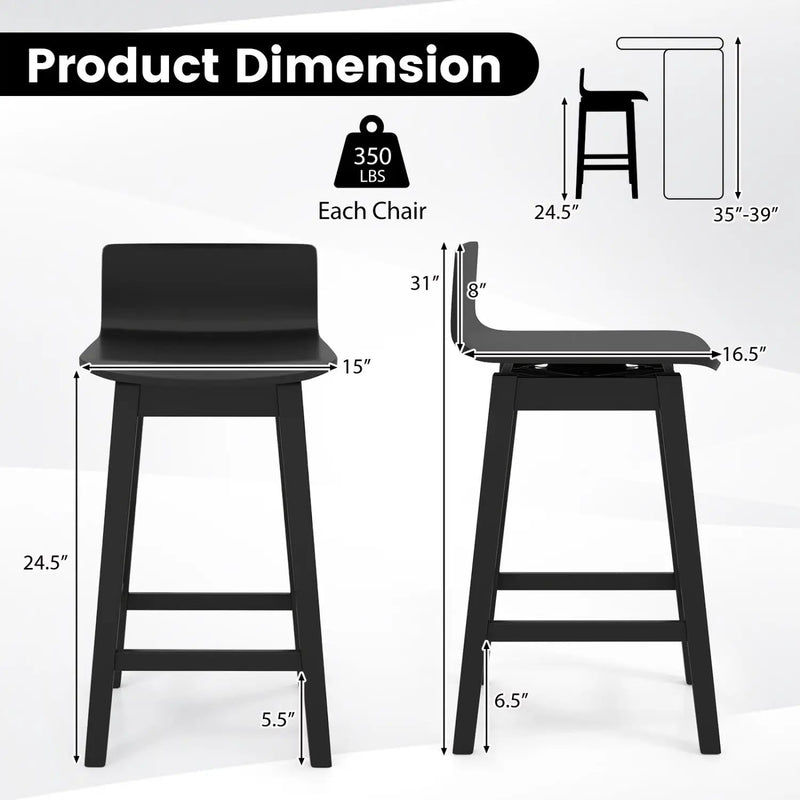 24.5 Inch Swivel Wooden Bar Stools Set of 2 with Rubber Wood Legs and Low Back by DirectDeals