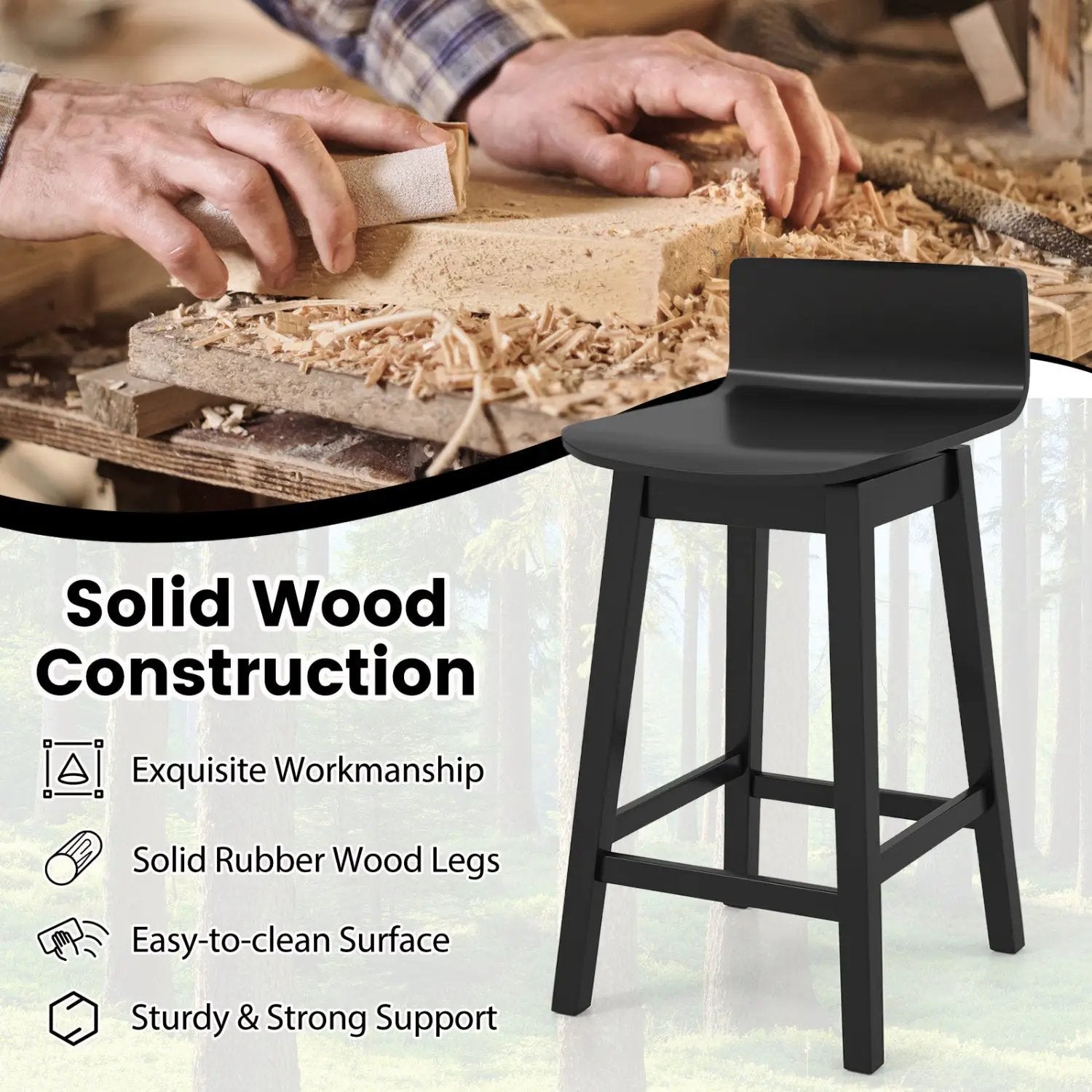 24.5 Inch Swivel Wooden Bar Stools Set of 4 with Rubber Wood Legs and Low Back by DirectDeals