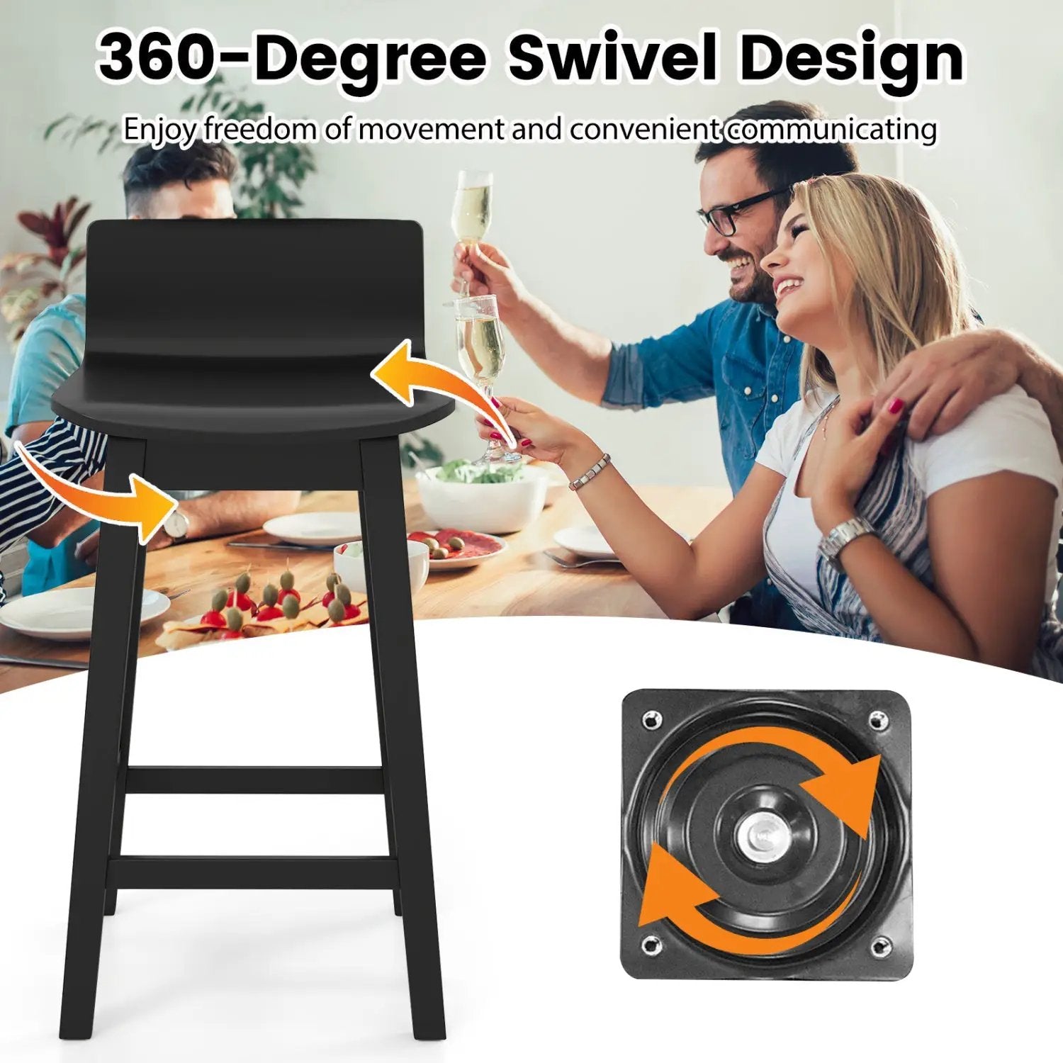24.5 Inch Swivel Wooden Bar Stools Set of 4 with Rubber Wood Legs and Low Back by DirectDeals