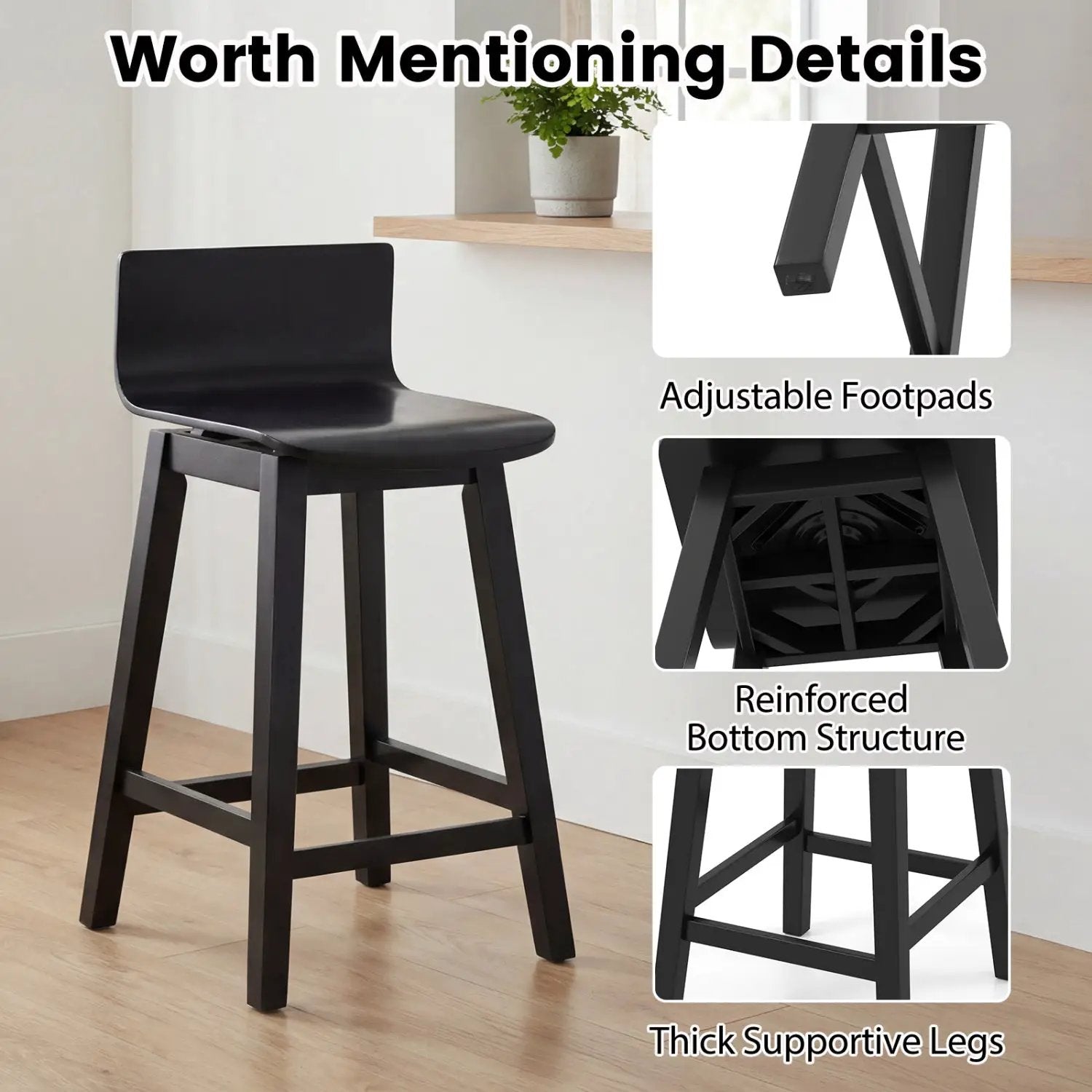 24.5 Inch Swivel Wooden Bar Stools Set of 4 with Rubber Wood Legs and Low Back by DirectDeals