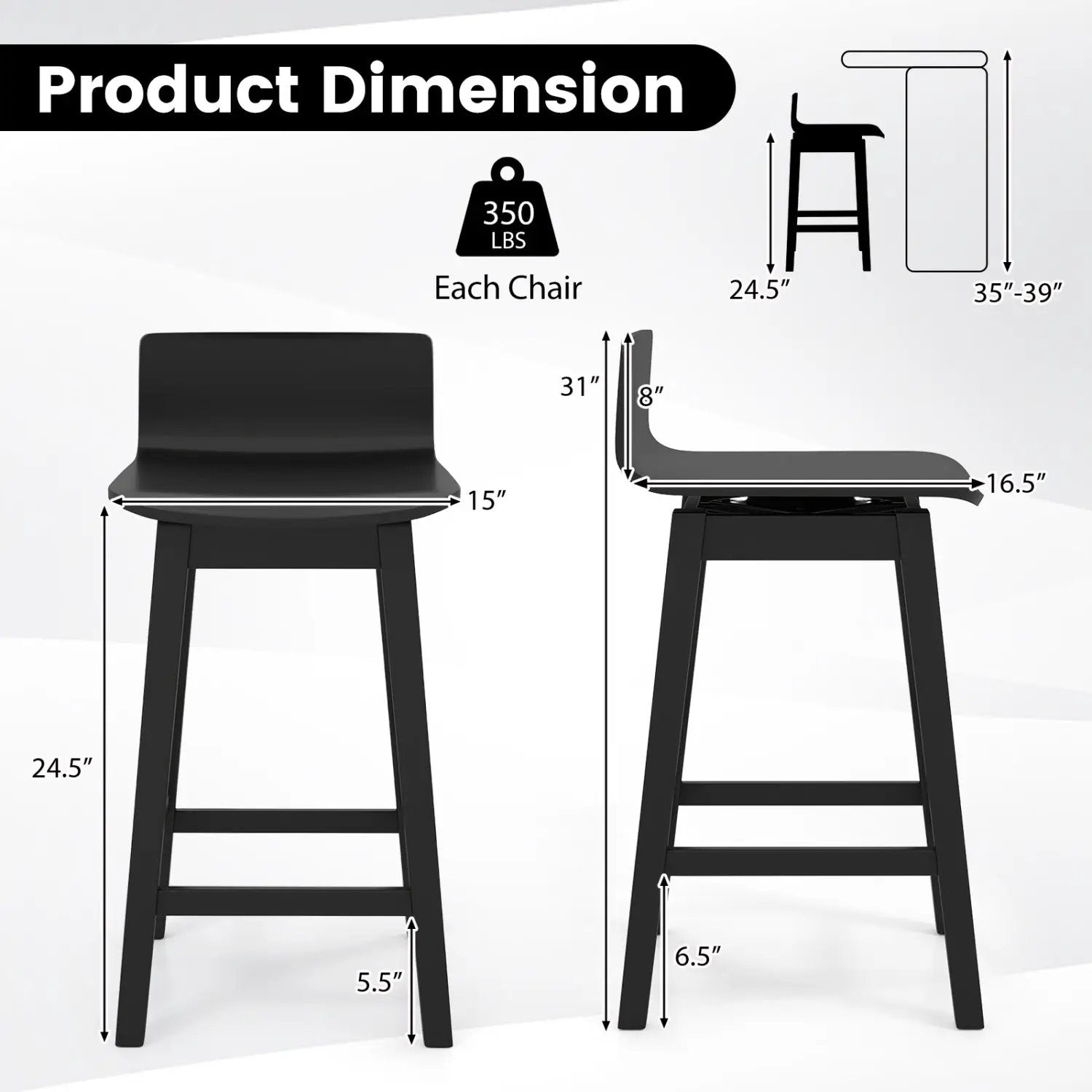 24.5 Inch Swivel Wooden Bar Stools Set of 4 with Rubber Wood Legs and Low Back by DirectDeals