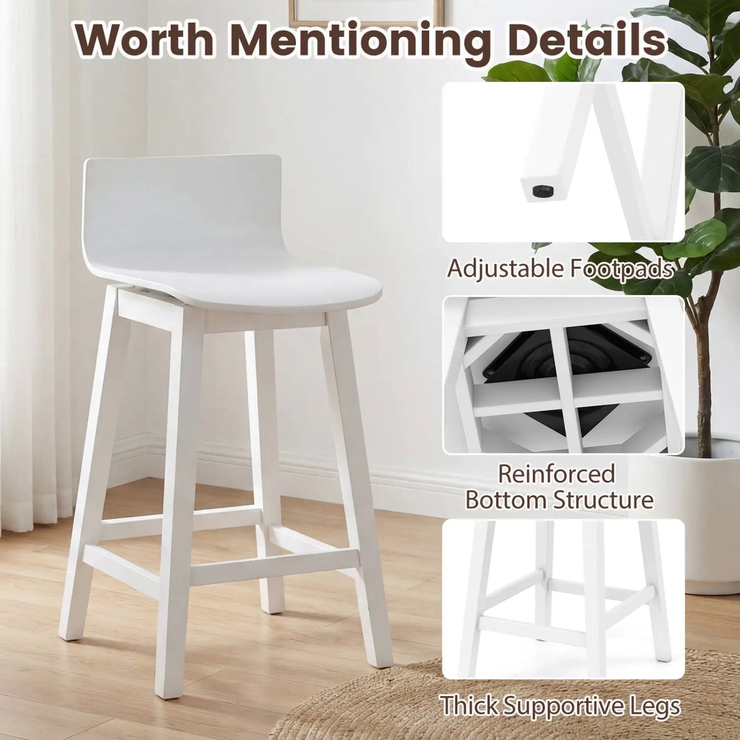 24.5 Inch Swivel Wooden Bar Stools Set of 4 with Rubber Wood Legs and Low Back by DirectDeals