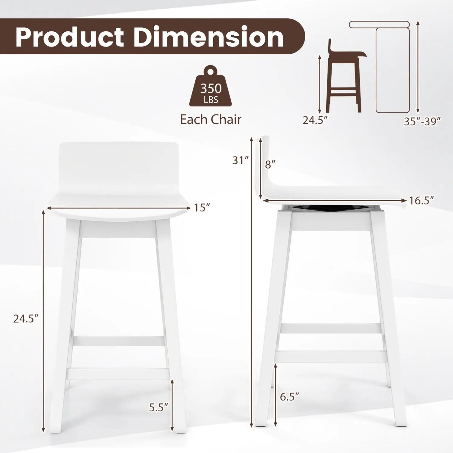 24.5 Inch Swivel Wooden Bar Stools Set of 4 with Rubber Wood Legs and Low Back by DirectDeals