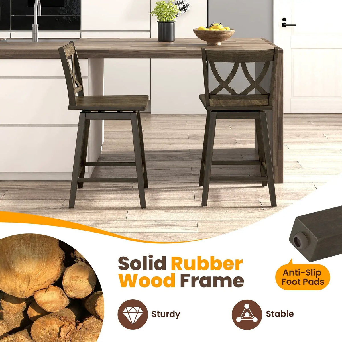 24/29 Inch Bar Stool Set of 2 Wooden Bar Chairs with Rubber Wood Frame by DirectDeals