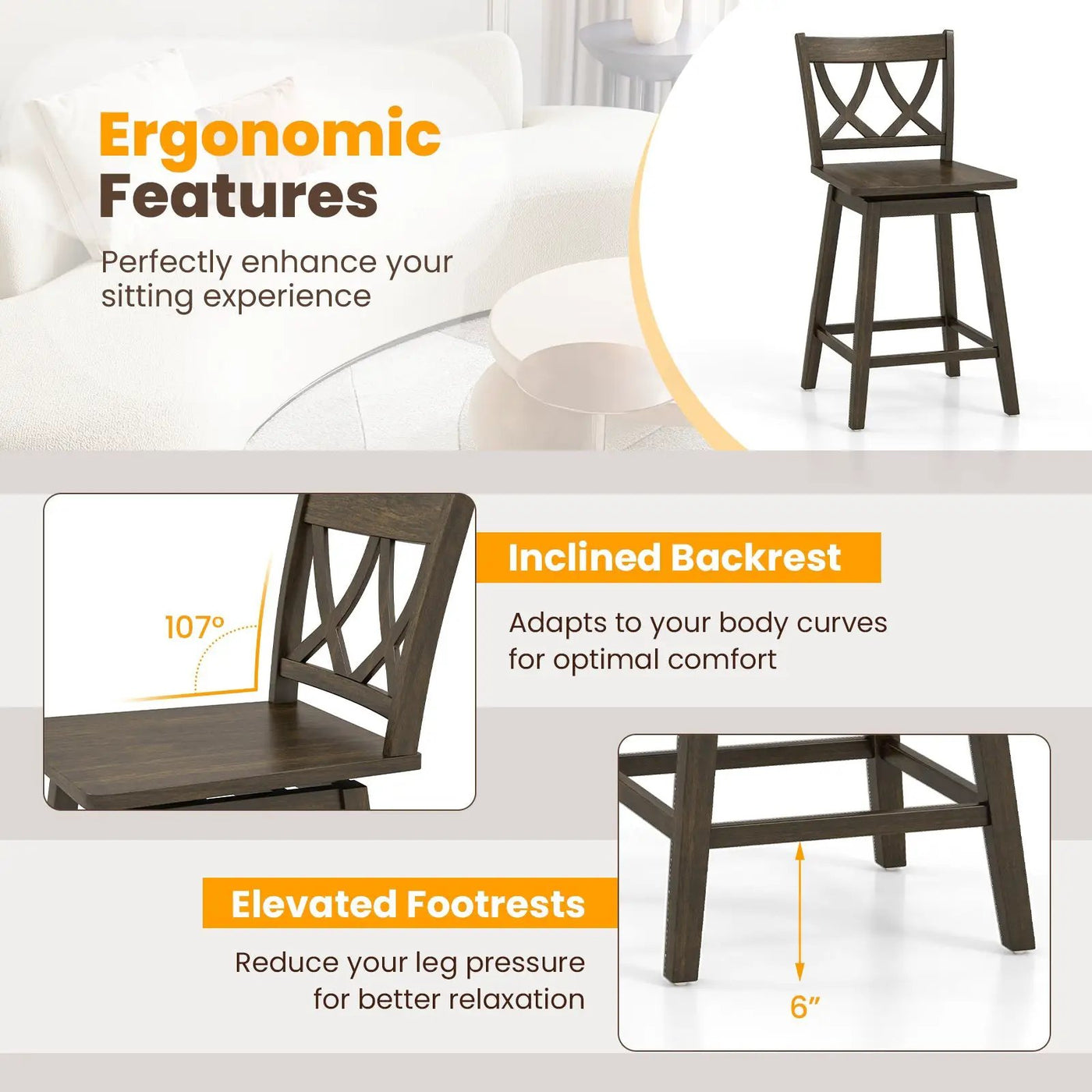 24/29 Inch Bar Stool Set of 2 Wooden Bar Chairs with Rubber Wood Frame by DirectDeals