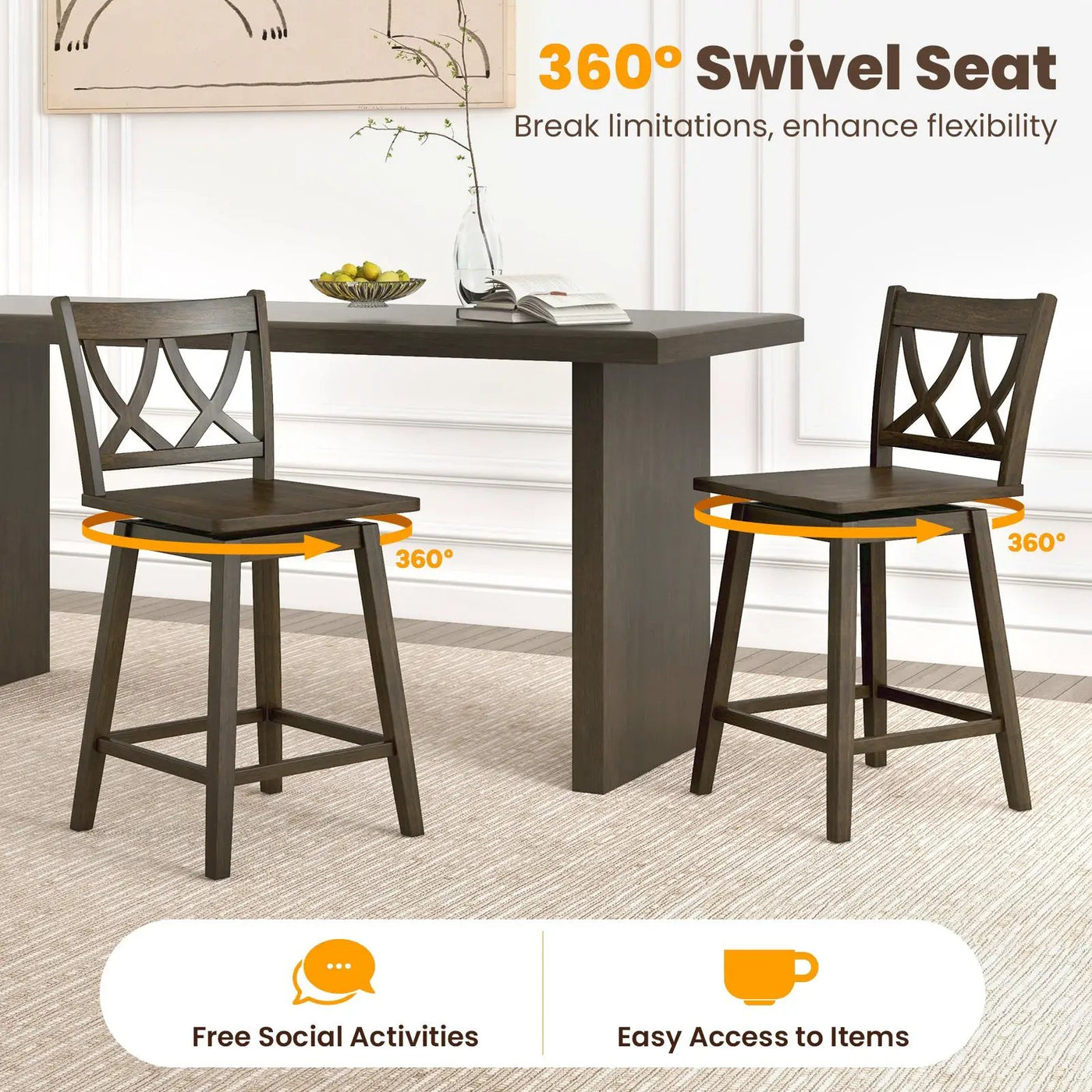 24/29 Inch Bar Stool Set of 2 Wooden Bar Chairs with Rubber Wood Frame by DirectDeals