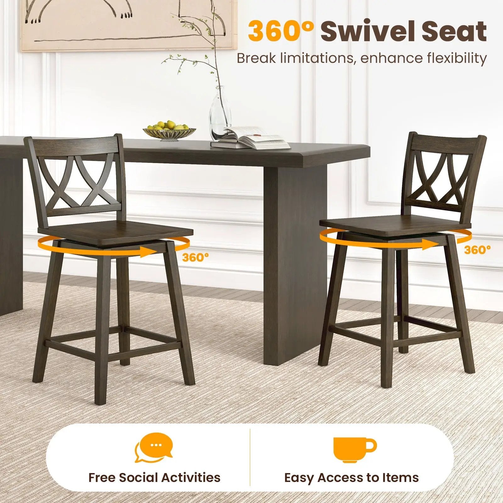 24/29 Inch Bar Stool Set of 2 Wooden Bar Chairs with Rubber Wood Frame by DirectDeals