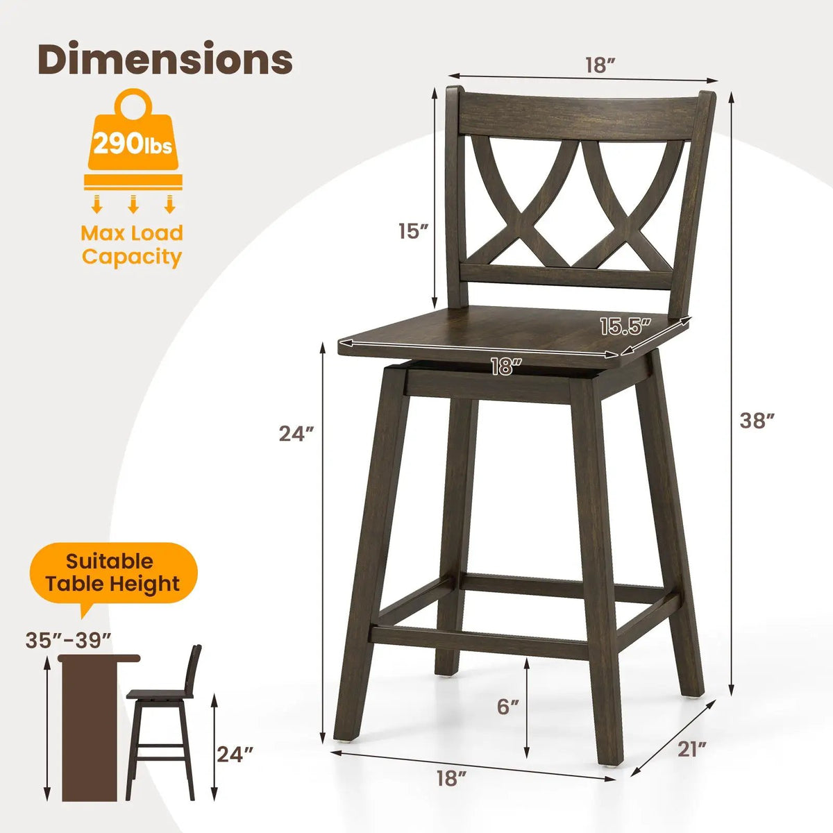 24/29 Inch Bar Stool Set of 2 Wooden Bar Chairs with Rubber Wood Frame by DirectDeals