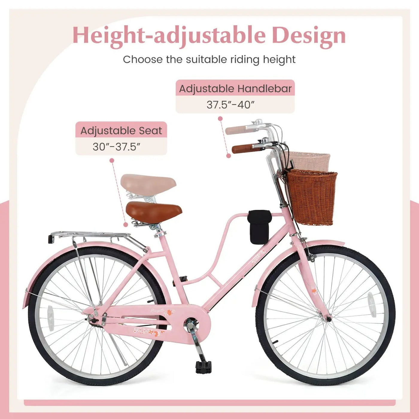 26-Inch Beach Cruiser Bike with Basket and Cup Holder - Pink by DirectDeals