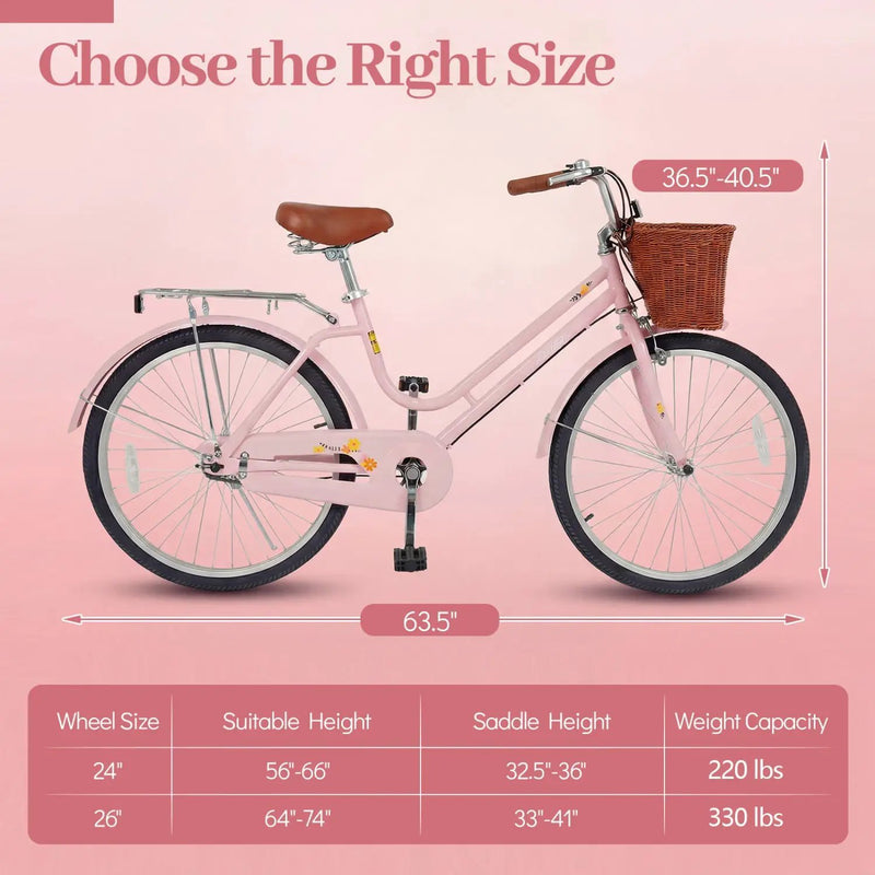 26" Beach Cruiser Bike for Women with Basket and Rear Rack by DirectDeals