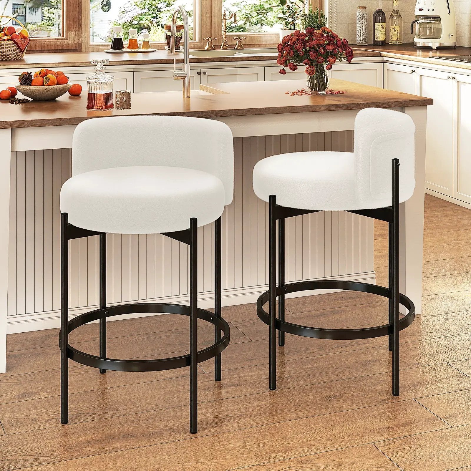 24 Inch Boucle Counter Stools Set of 2 with Curved Backrest by DirectDeals