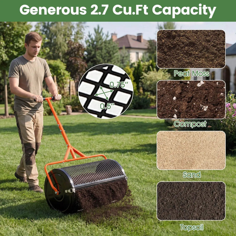 24 Inch Compost Spreader Peat Moss Spreader Roller with Height-Adjustable T-Shaped Handle by DirectDeals