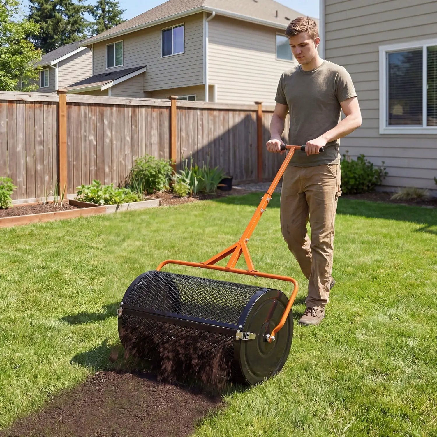 24 Inch Compost Spreader Peat Moss Spreader Roller with Height-Adjustable T-Shaped Handle by DirectDeals
