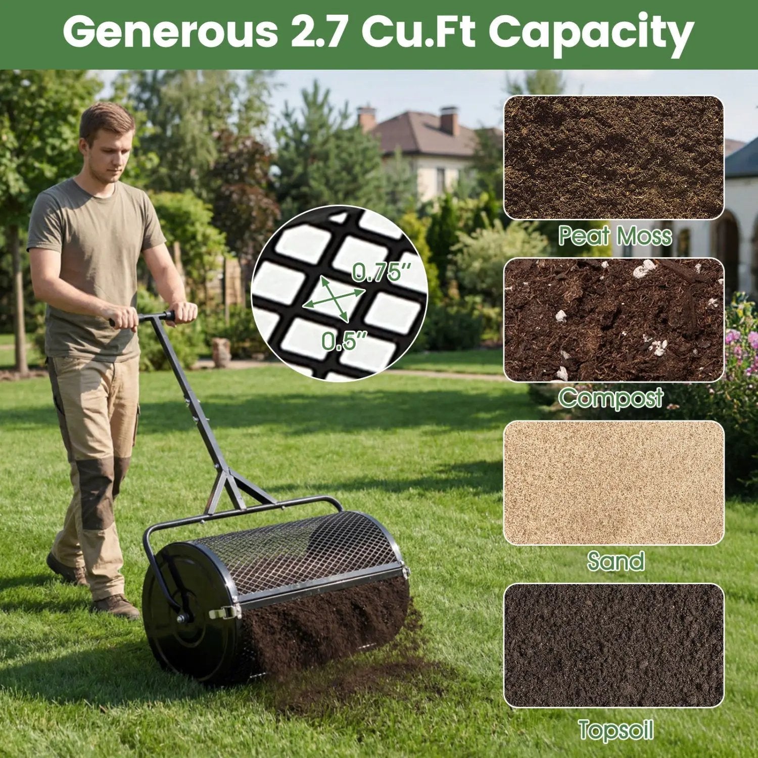 24 Inch Compost Spreader Peat Moss Spreader Roller with Height-Adjustable T-Shaped Handle by DirectDeals