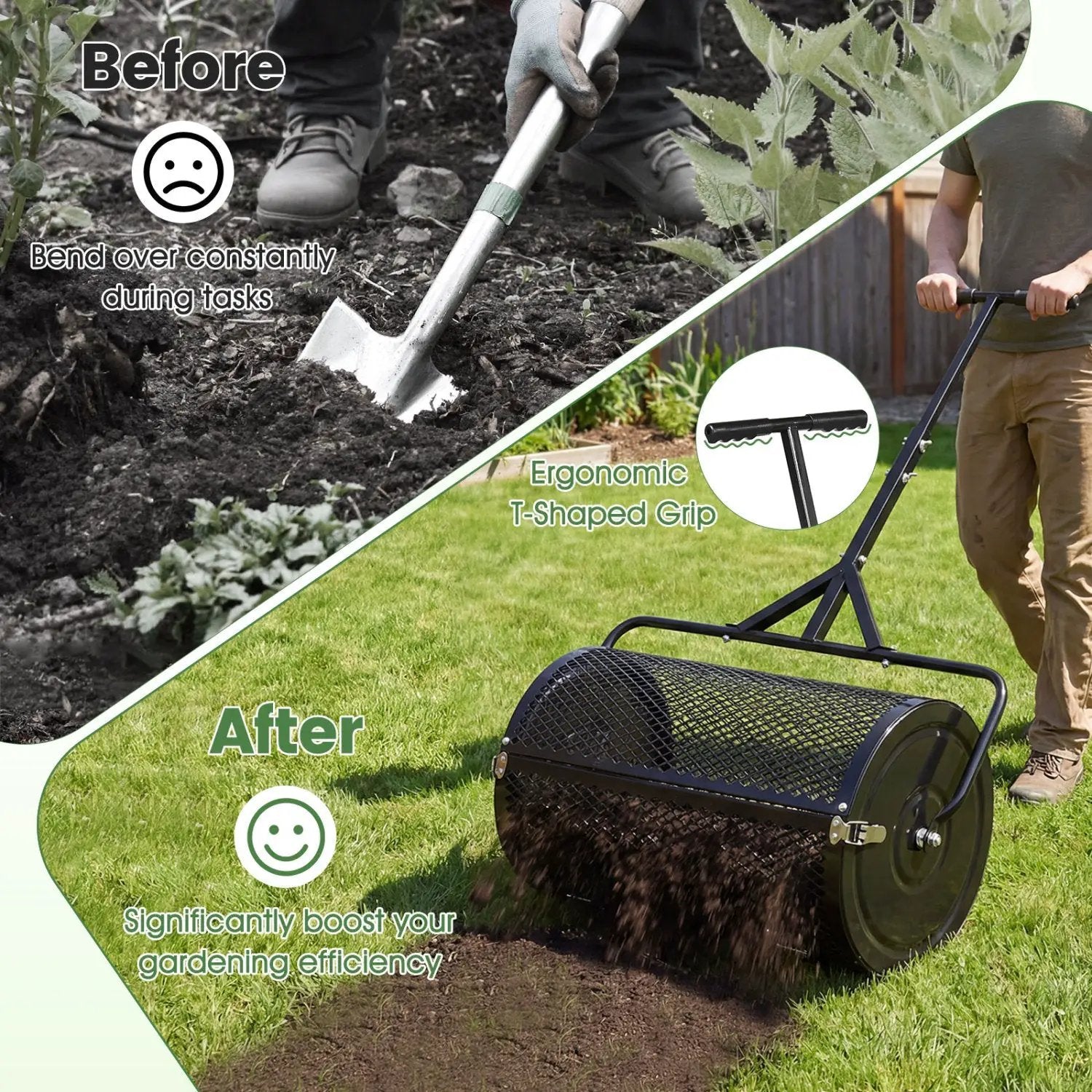 24 Inch Compost Spreader Peat Moss Spreader Roller with Height-Adjustable T-Shaped Handle by DirectDeals